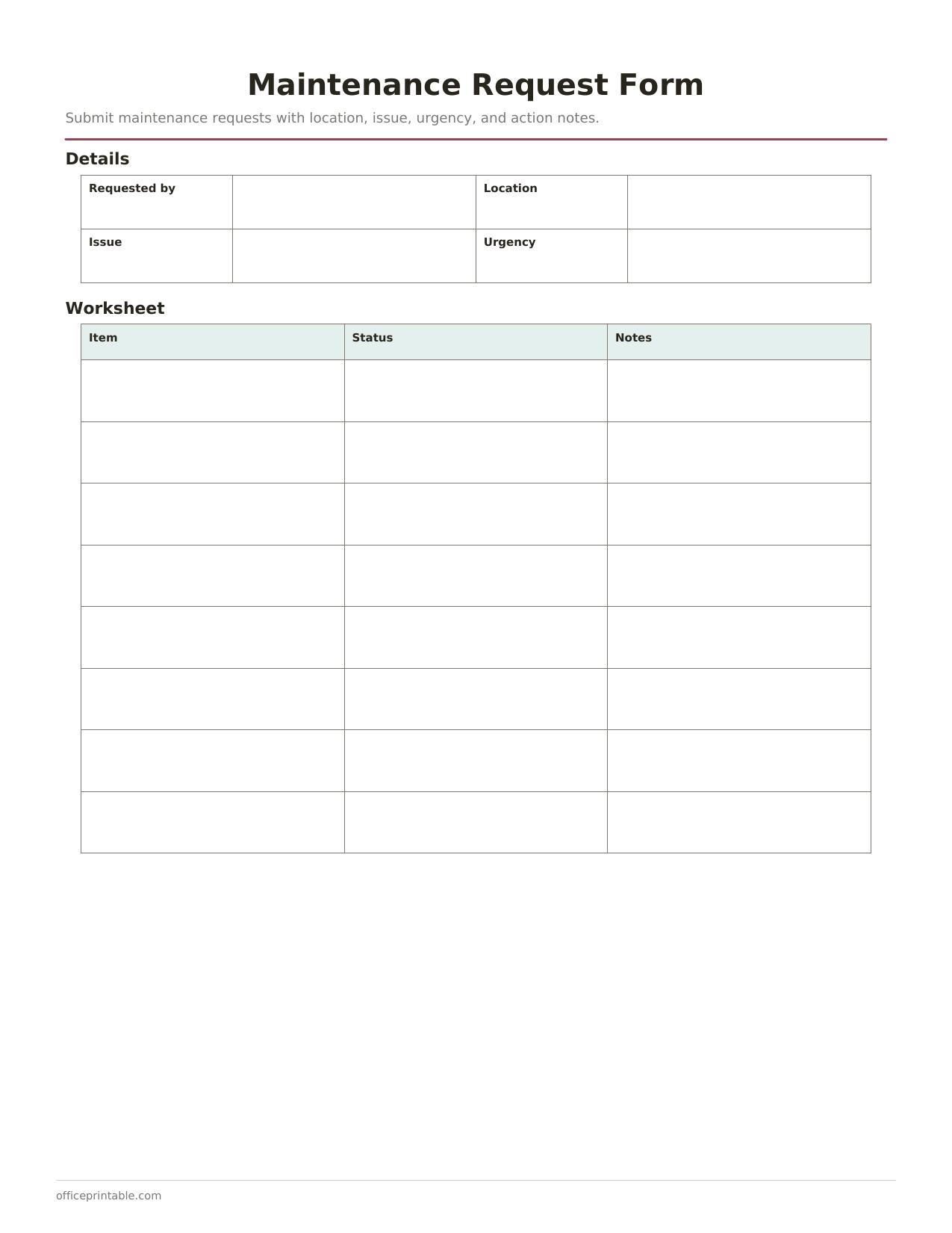 Preview thumbnail of Maintenance Request Form