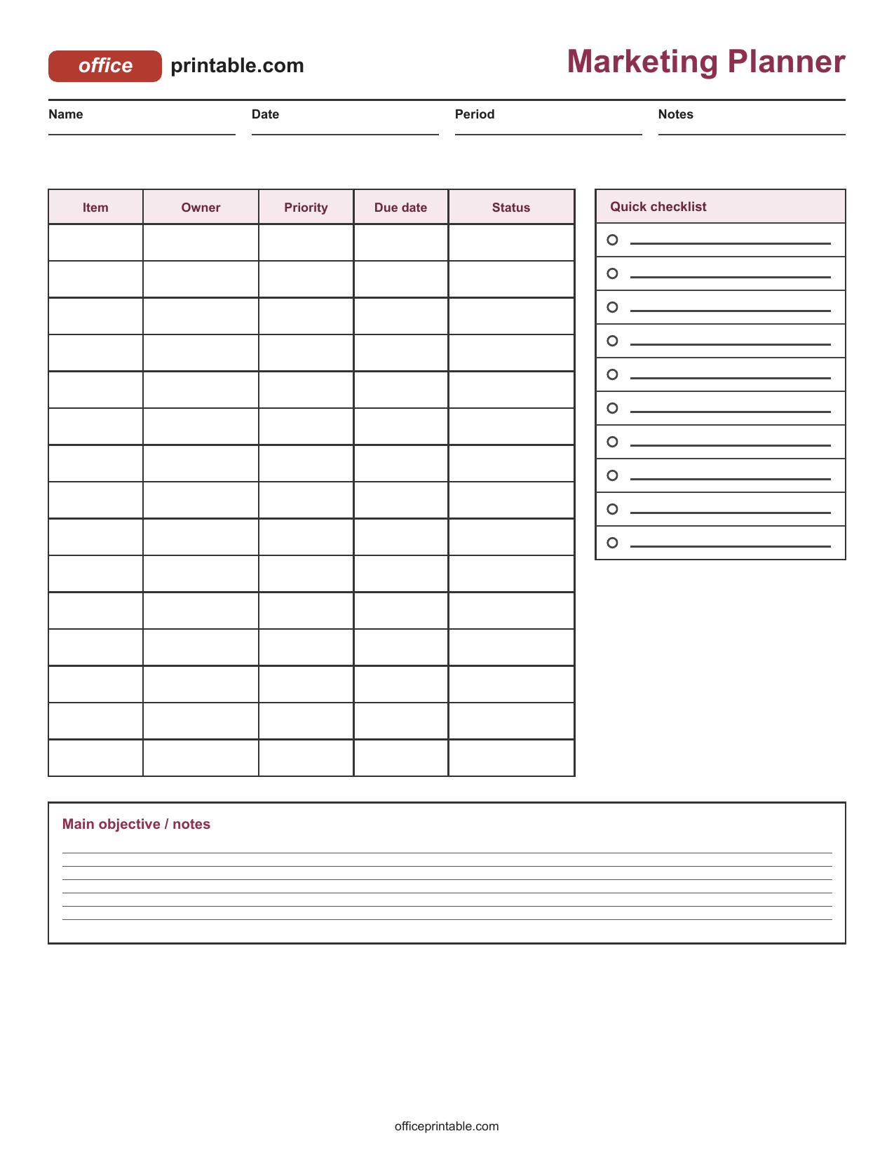 Preview thumbnail of Marketing Planner Printable
