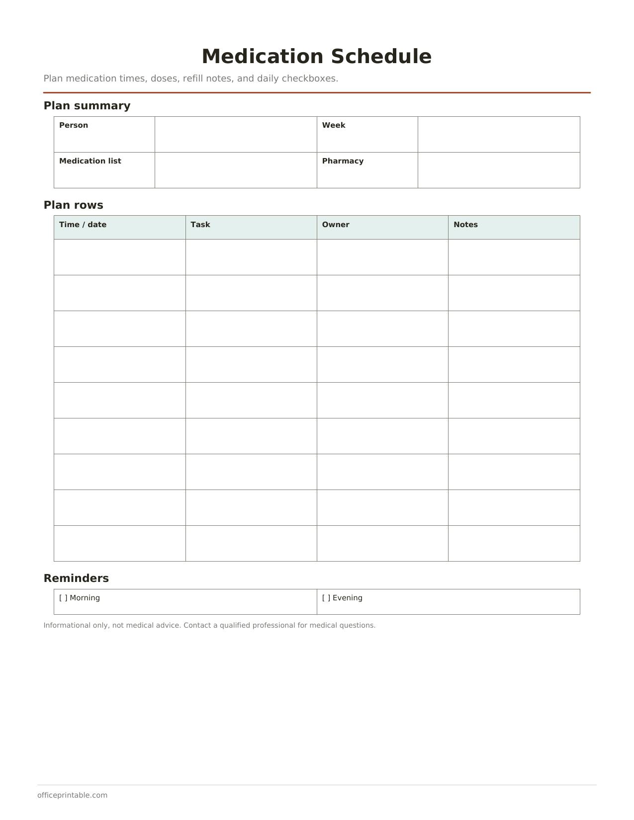 Preview of the Medication Schedule printable PDF