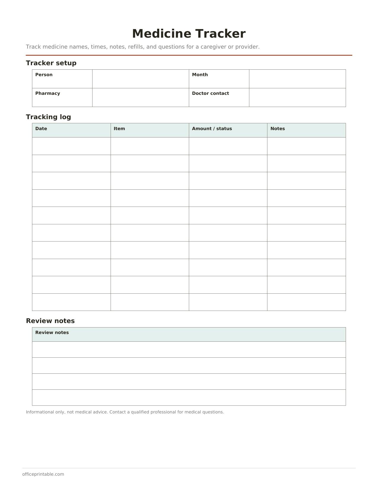 Preview of the Medicine Tracker printable PDF