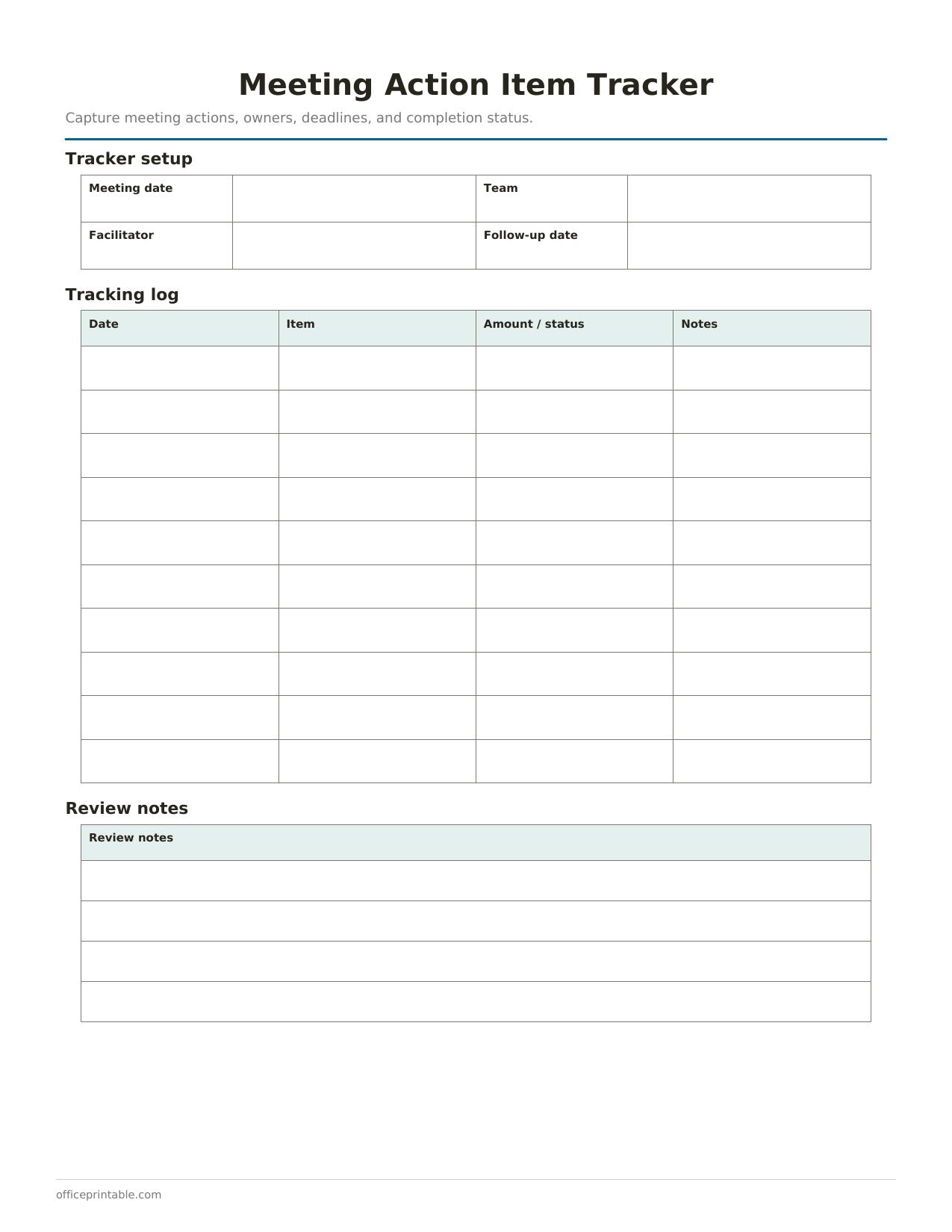 Preview of the Meeting Action Item Tracker printable PDF