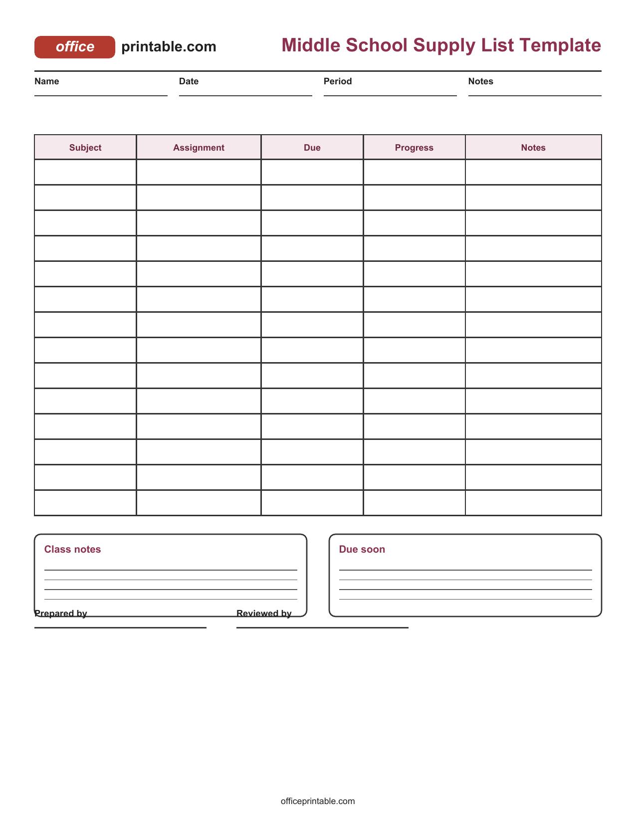 Preview thumbnail of Middle School Supply List Template