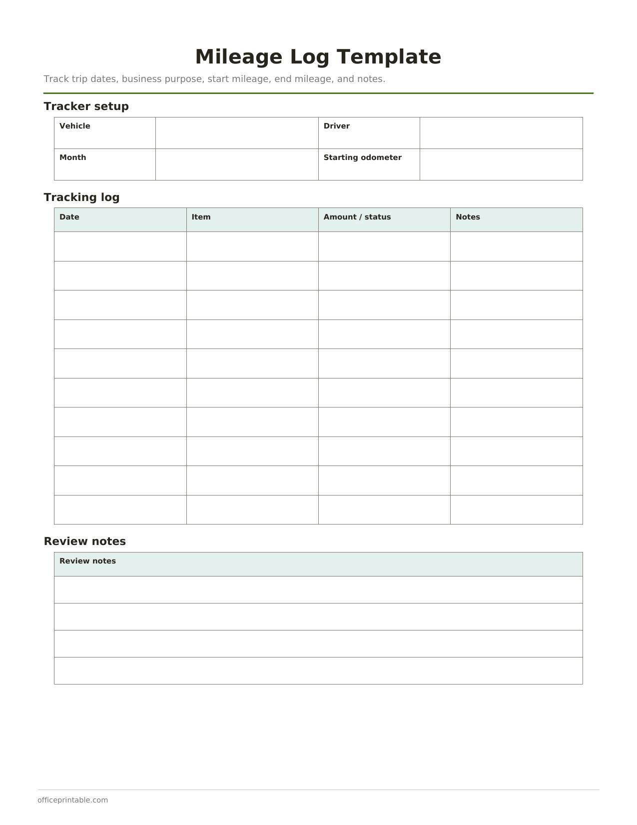 Preview thumbnail of Mileage Log Template