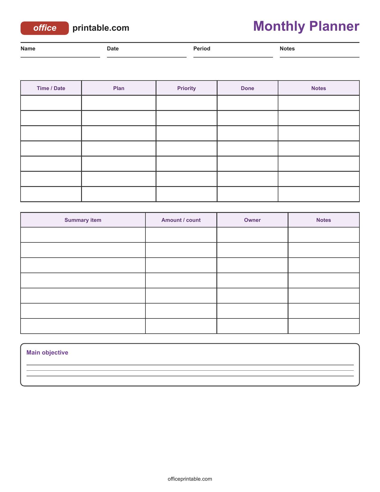 Preview of Monthly Planner Printable