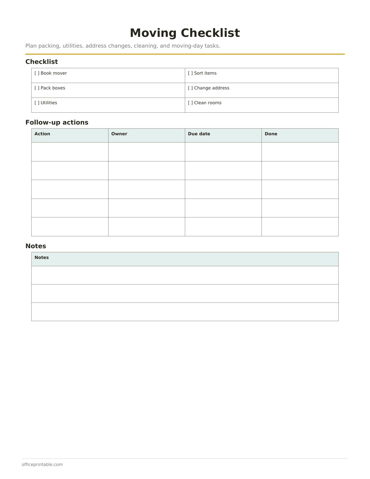 Preview of the Moving Checklist printable PDF