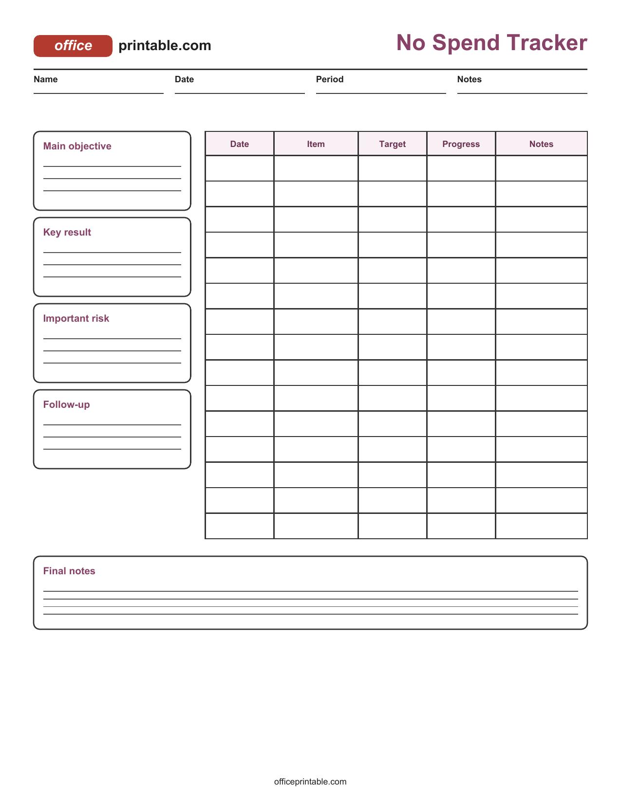 Preview of No Spend Tracker Printable