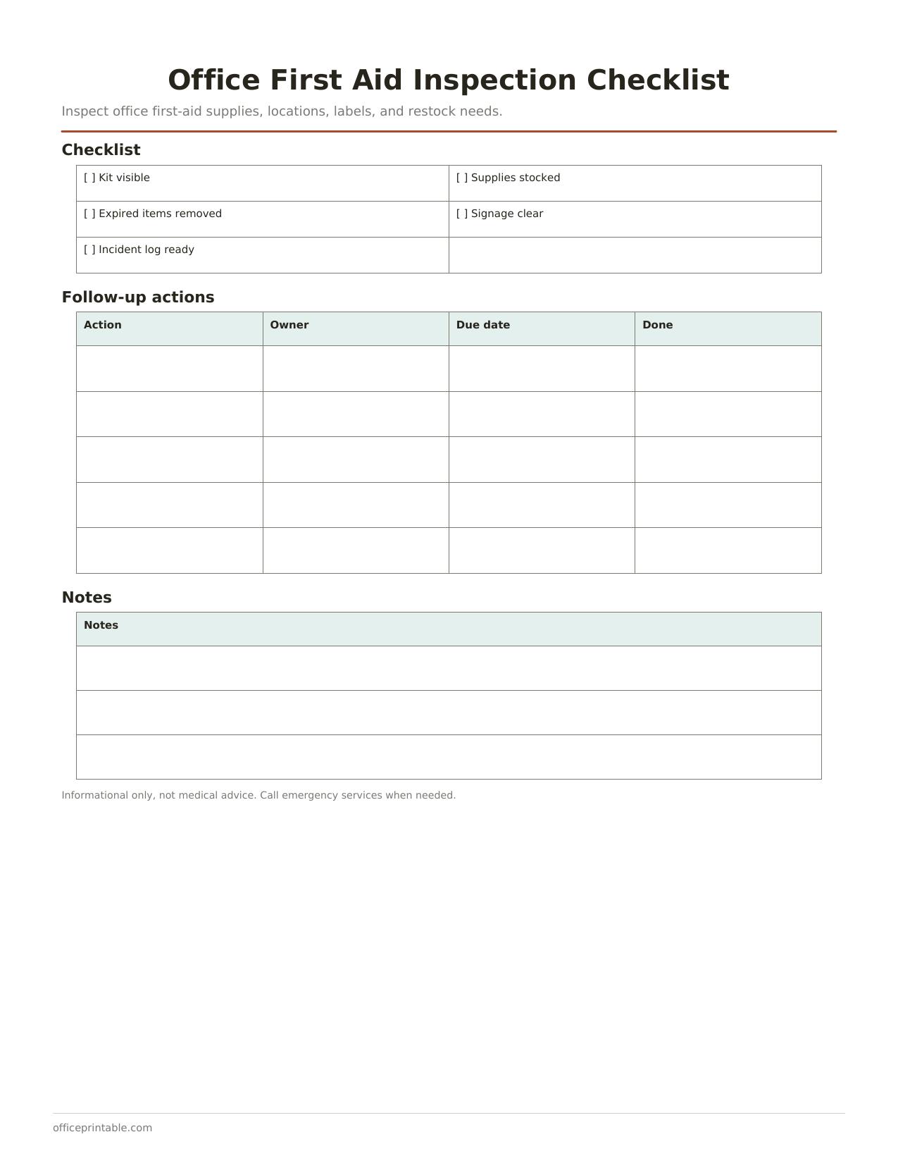 Preview of the Office First Aid Inspection Checklist printable PDF
