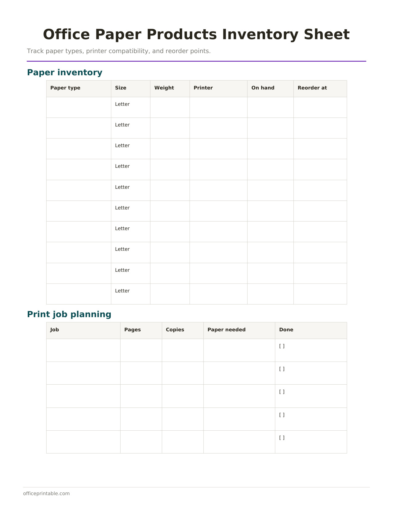 Preview thumbnail of Office Paper Products Inventory Log