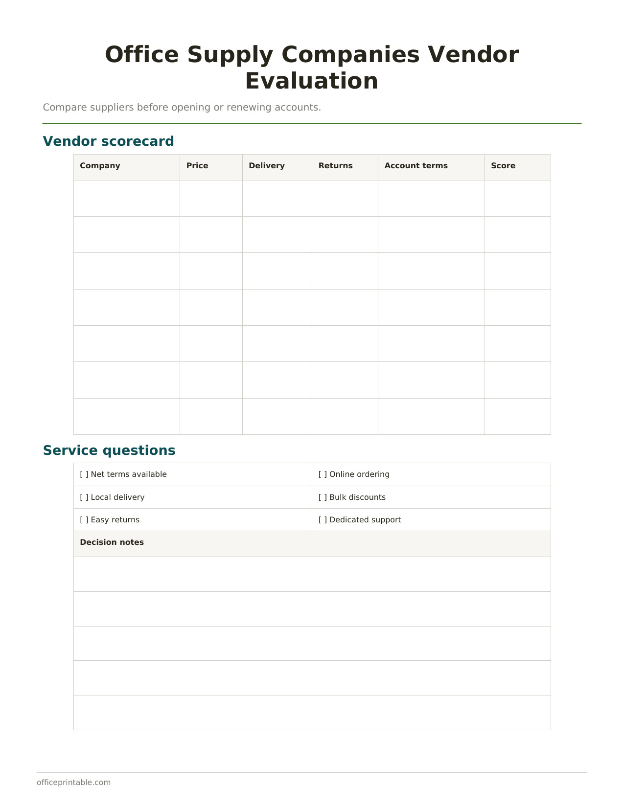 Preview thumbnail of Office Supply Companies Comparison Sheet