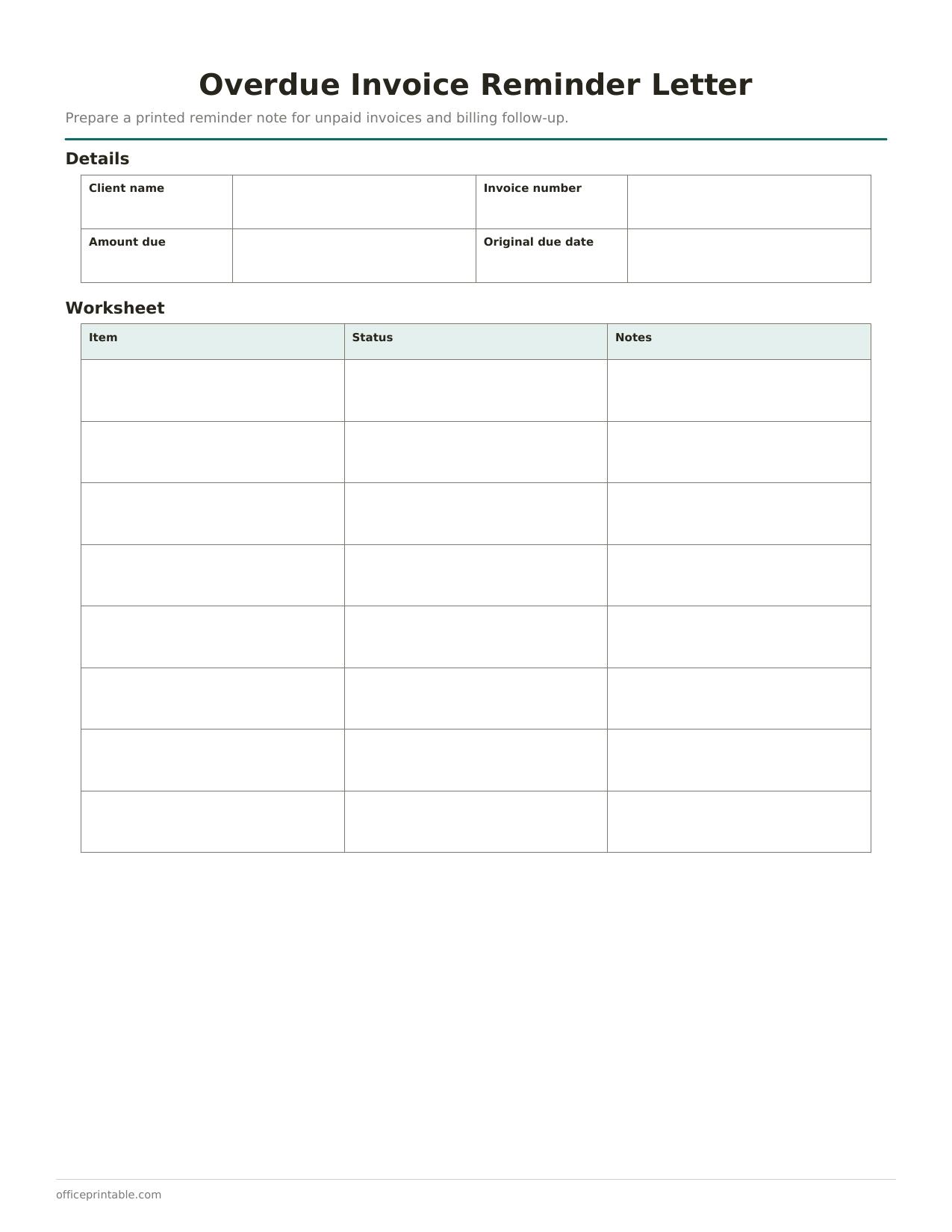 Preview of the Overdue Invoice Reminder Letter printable PDF