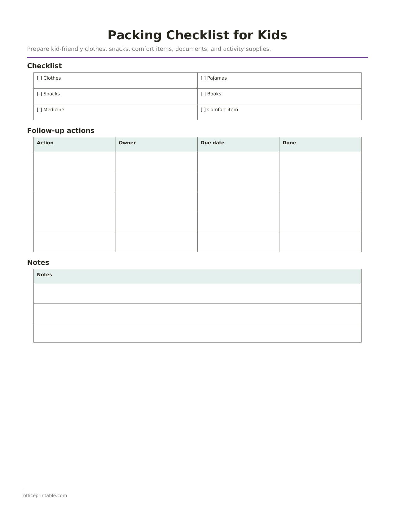 Preview of the Packing Checklist for Kids printable PDF
