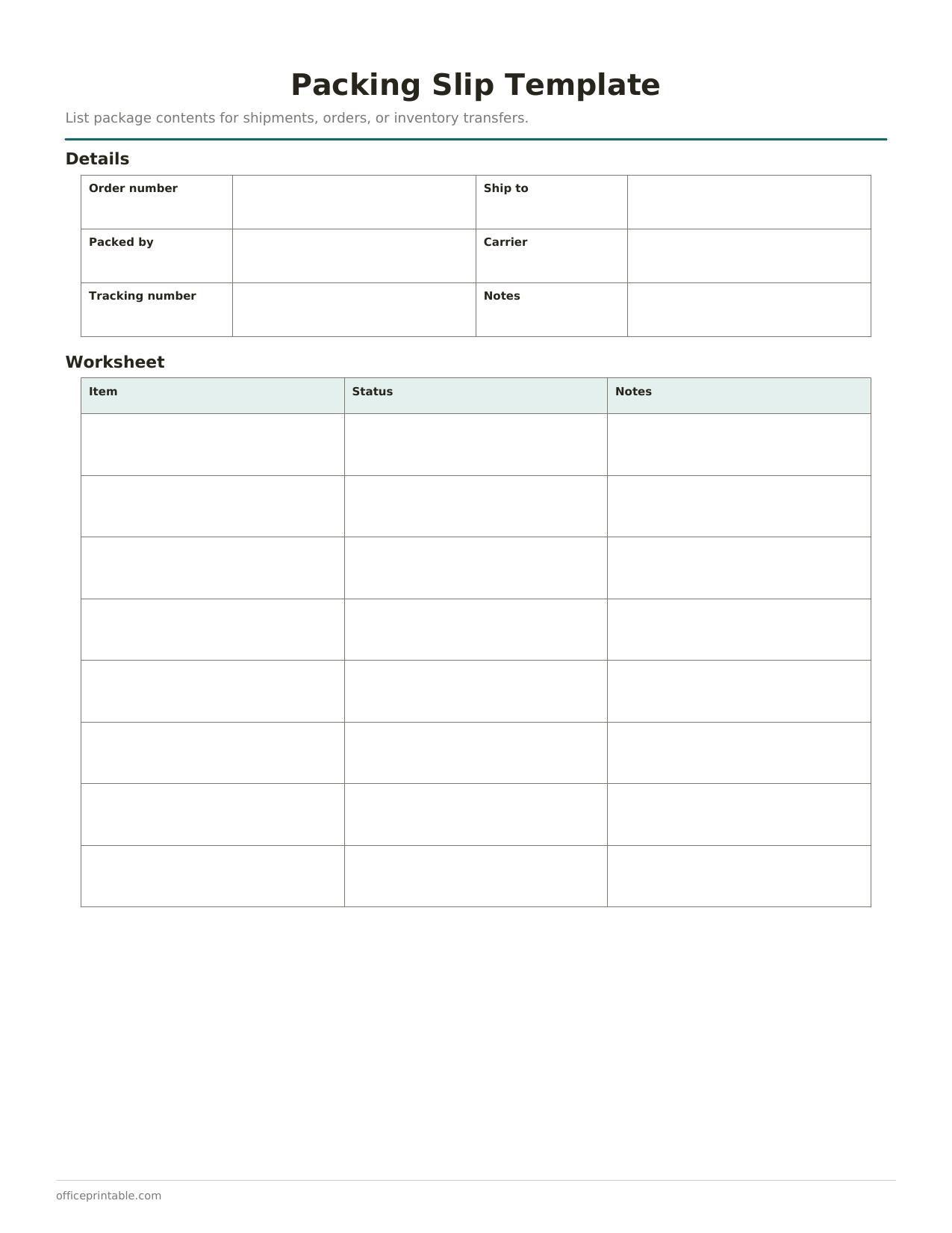 Preview of the Packing Slip Template printable PDF