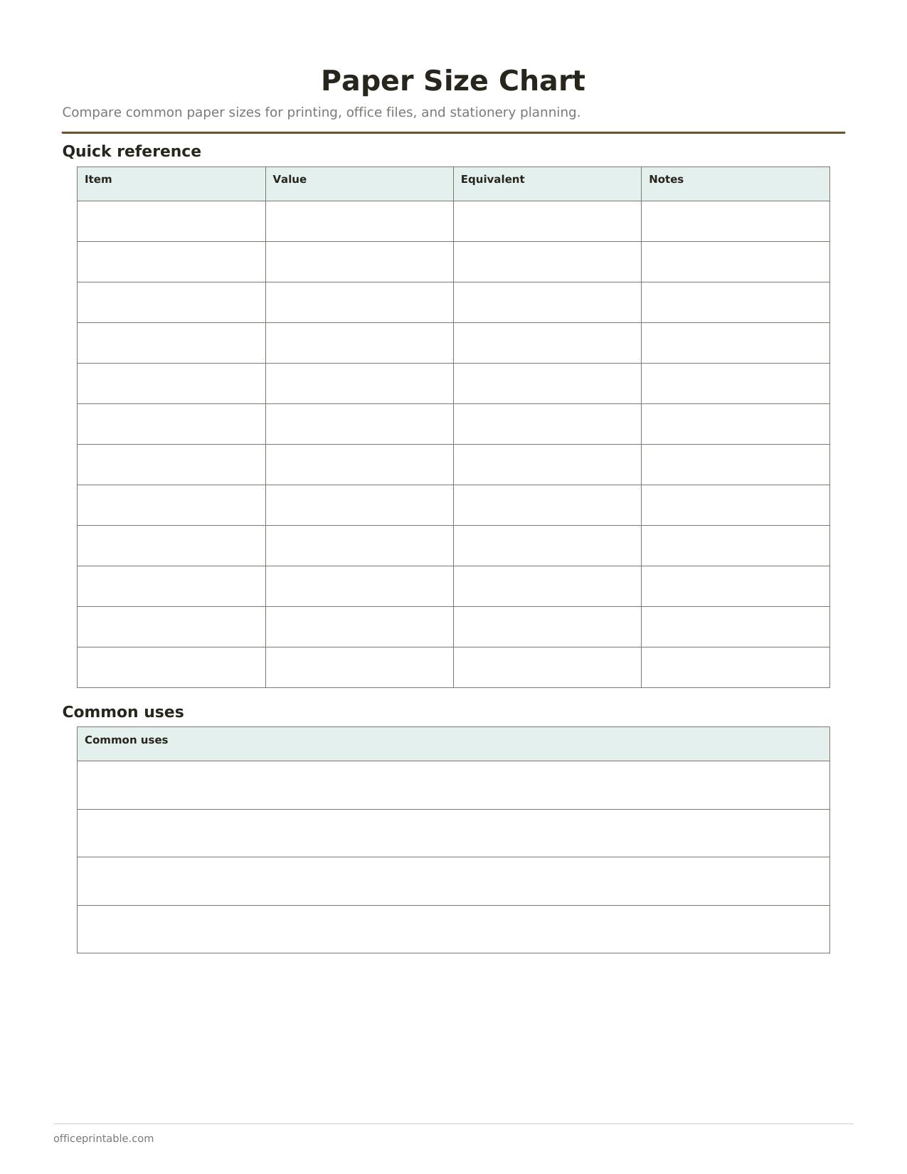 Preview of the Paper Size Chart printable PDF
