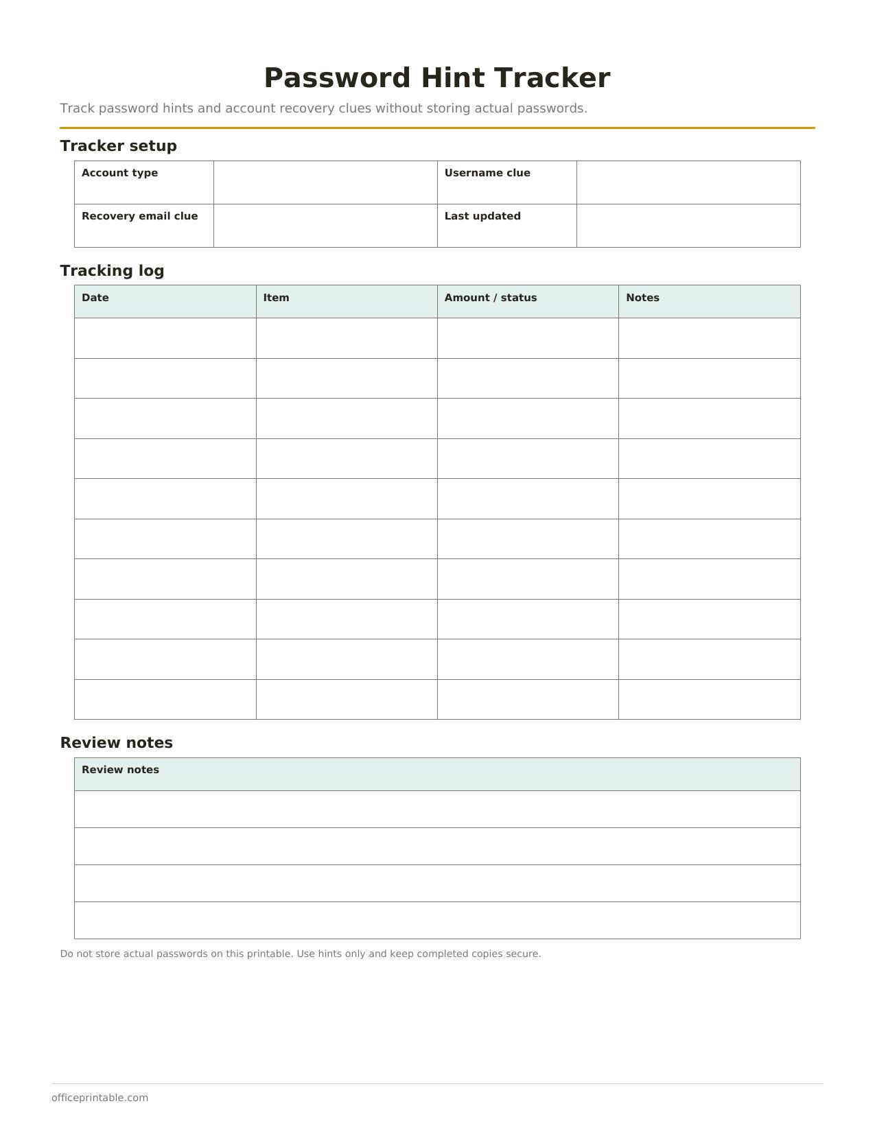 Preview of the Password Hint Tracker printable PDF