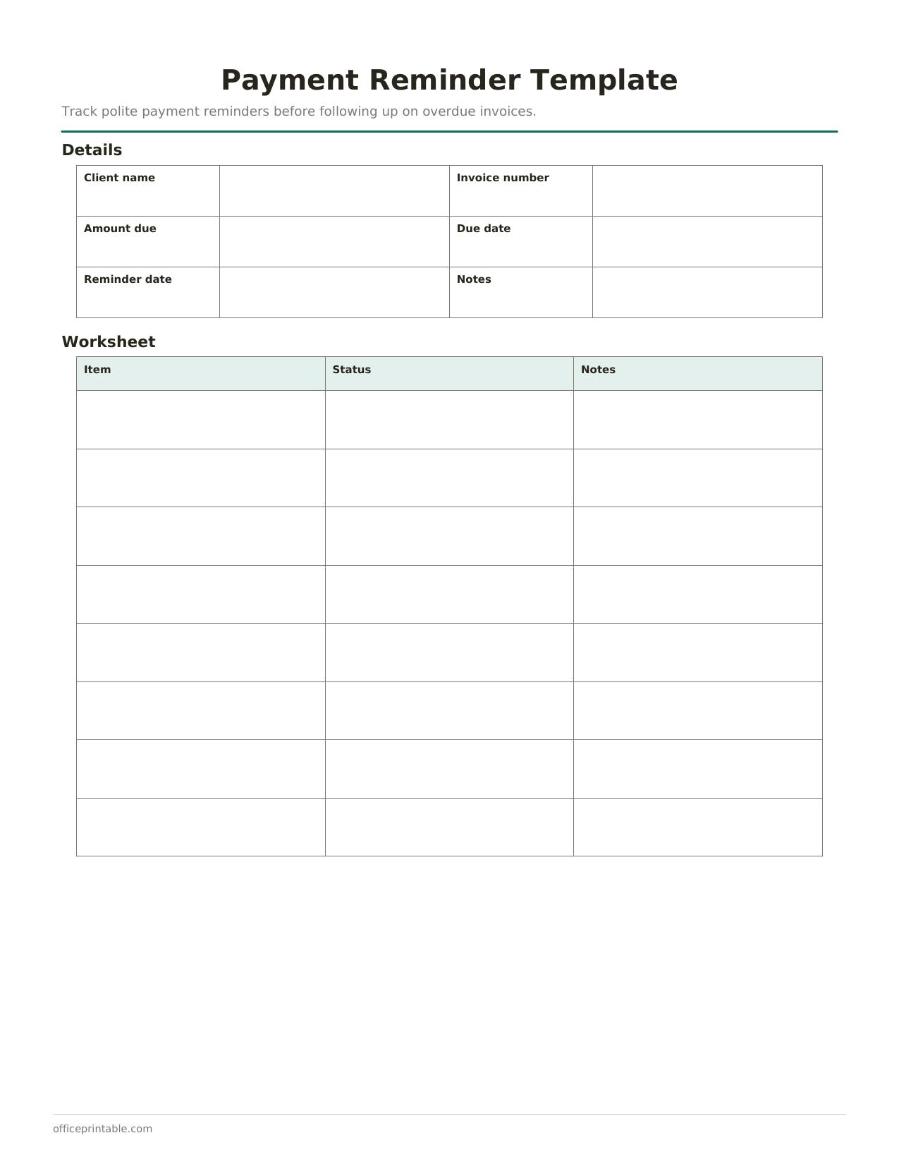 Preview of the Payment Reminder Template printable PDF