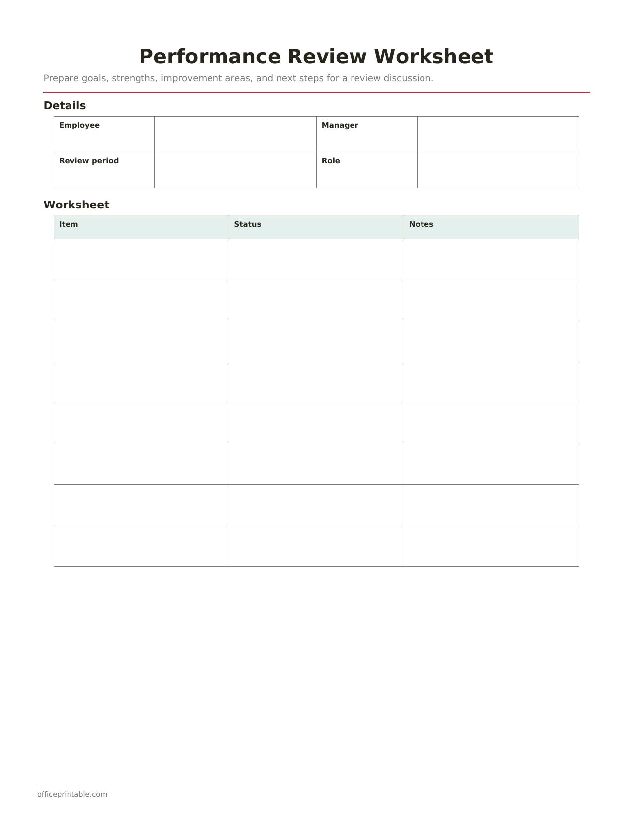 Preview thumbnail of Performance Review Worksheet