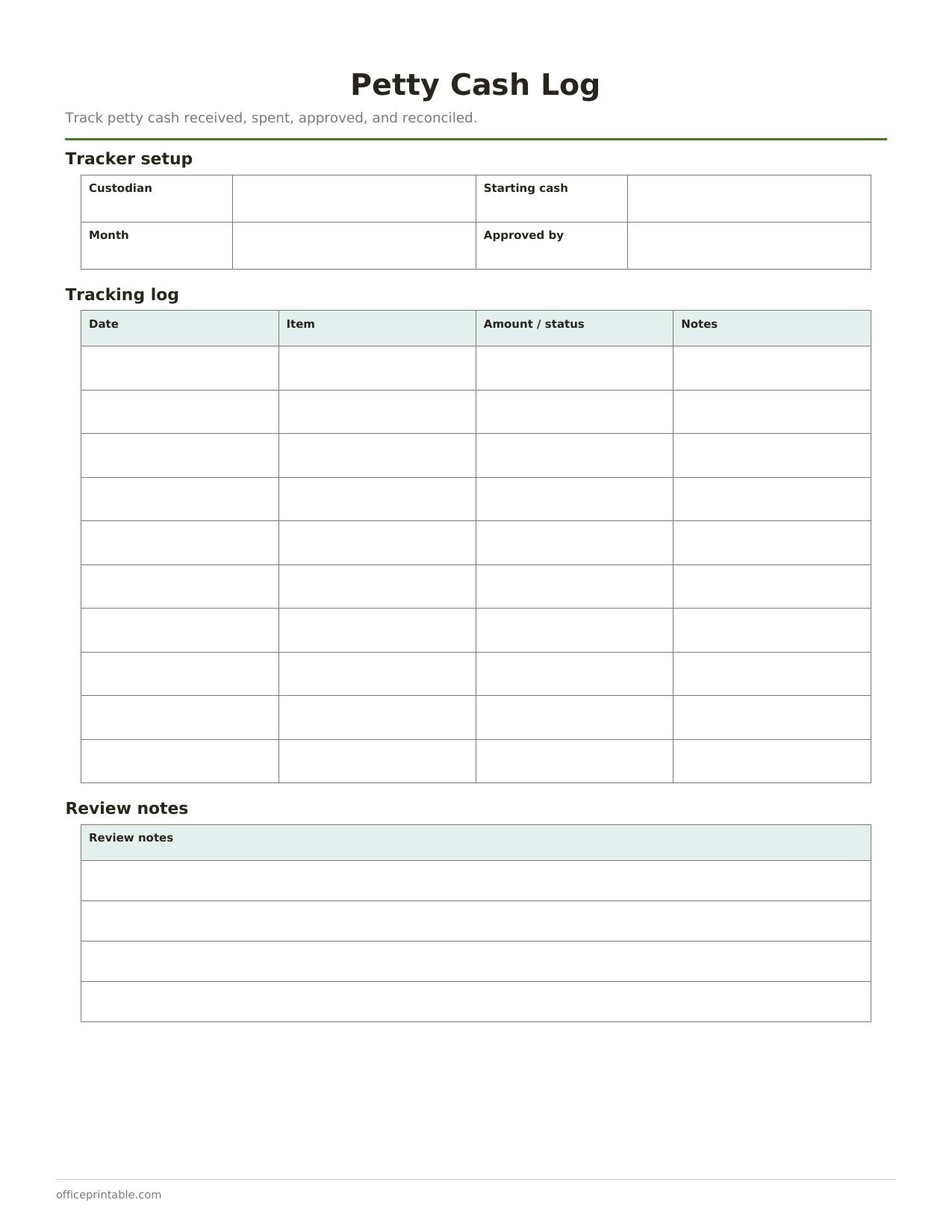 Preview thumbnail of Petty Cash Log