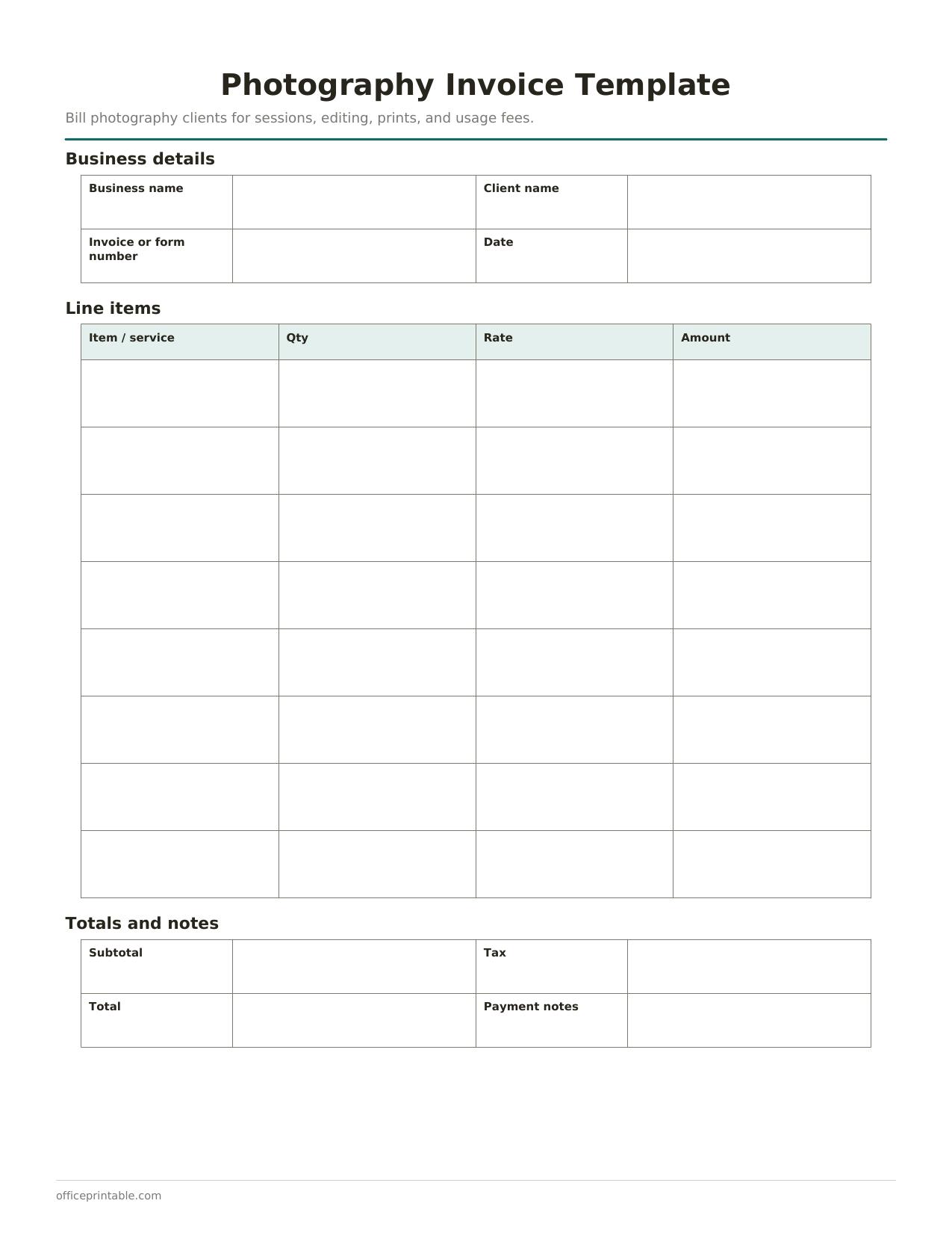 Preview of the Photography Invoice Template printable PDF