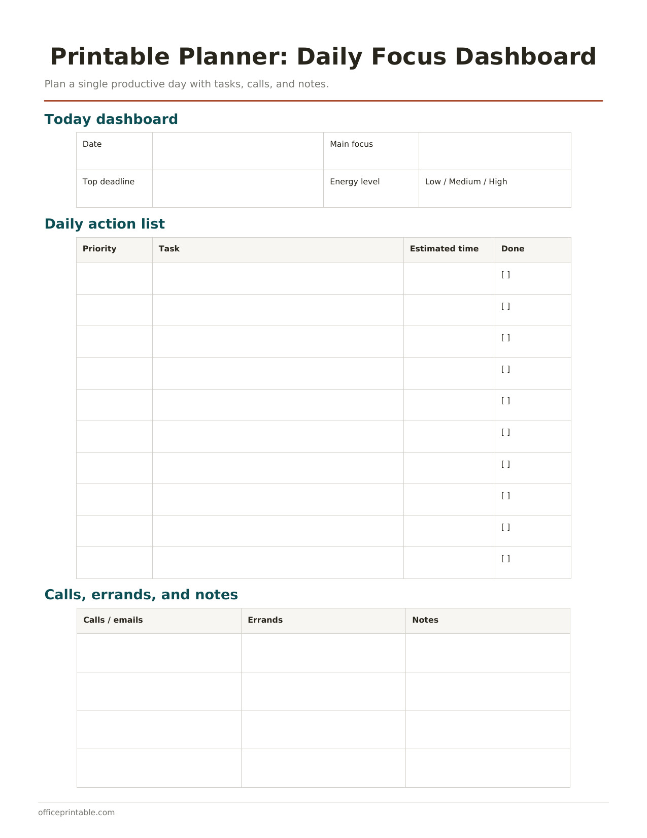 Preview of Printable Planner Daily Focus Dashboard