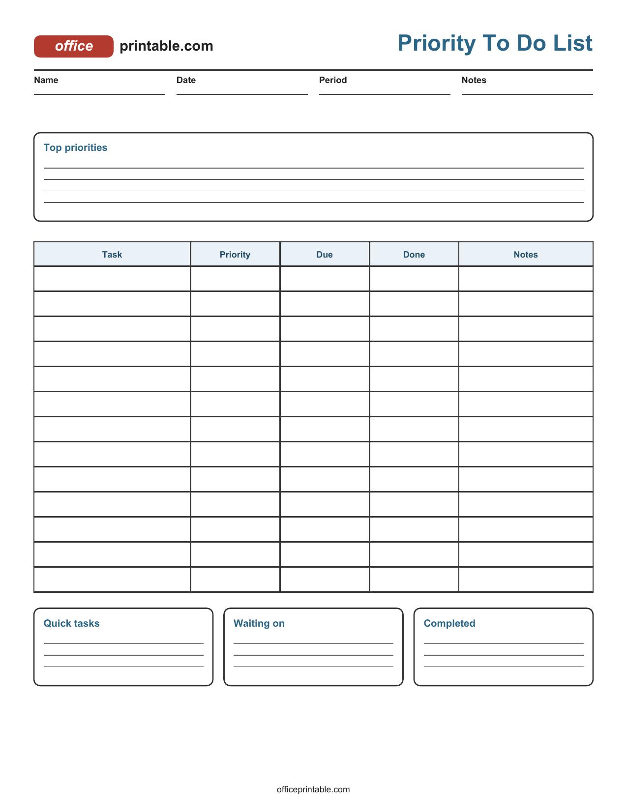 Preview of Priority To Do List Printable