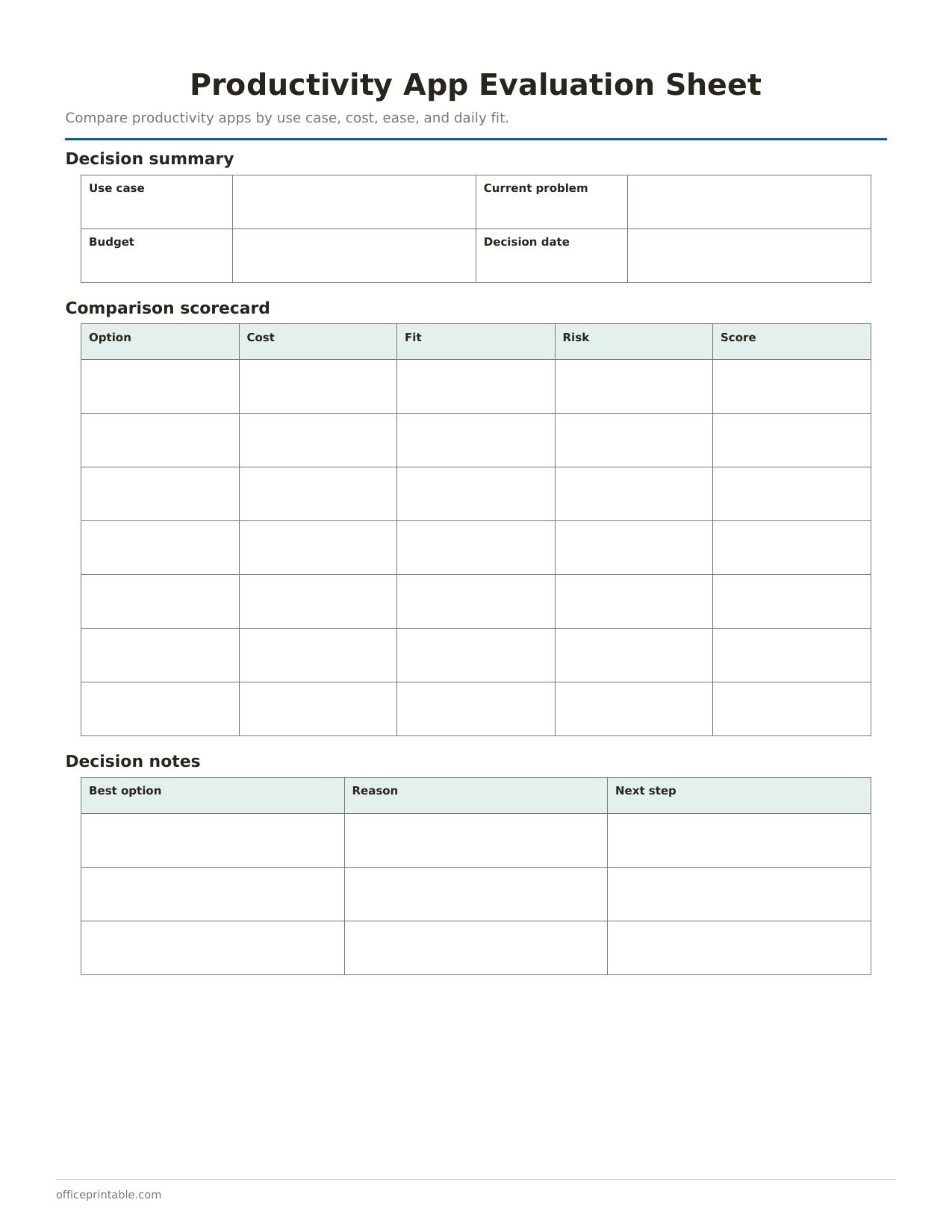 Preview of the Productivity App Evaluation Sheet printable PDF