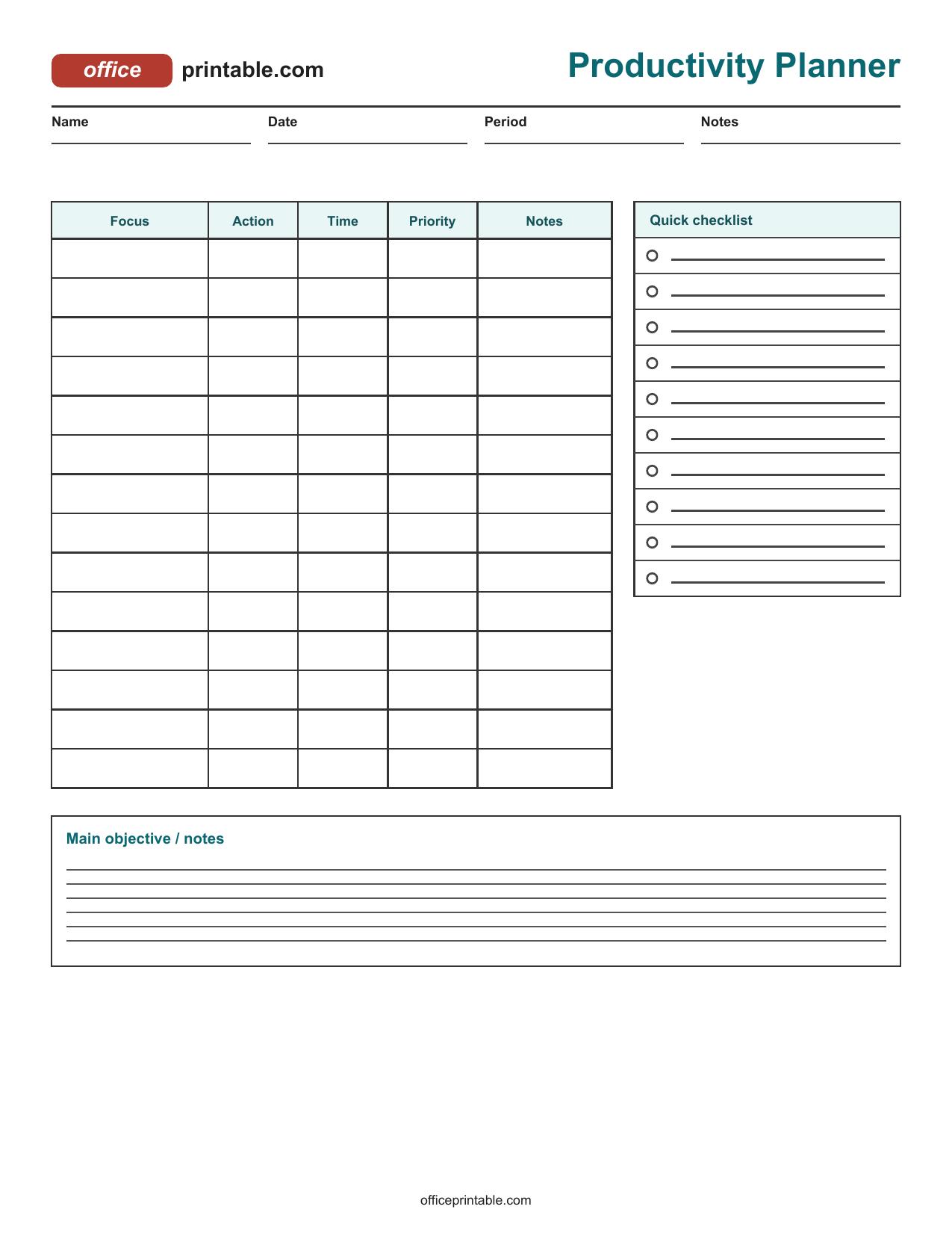 Preview of Productivity Planner Printable