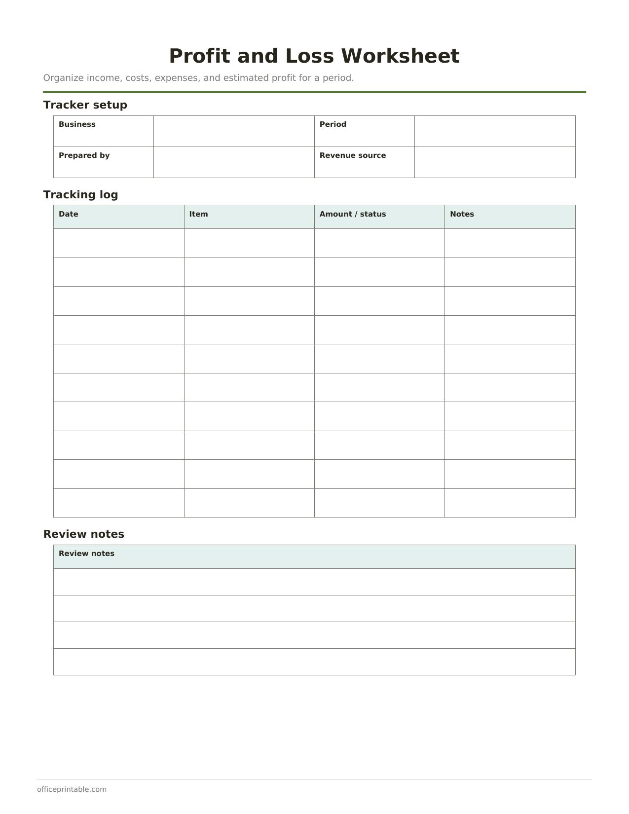Preview thumbnail of Profit and Loss Worksheet
