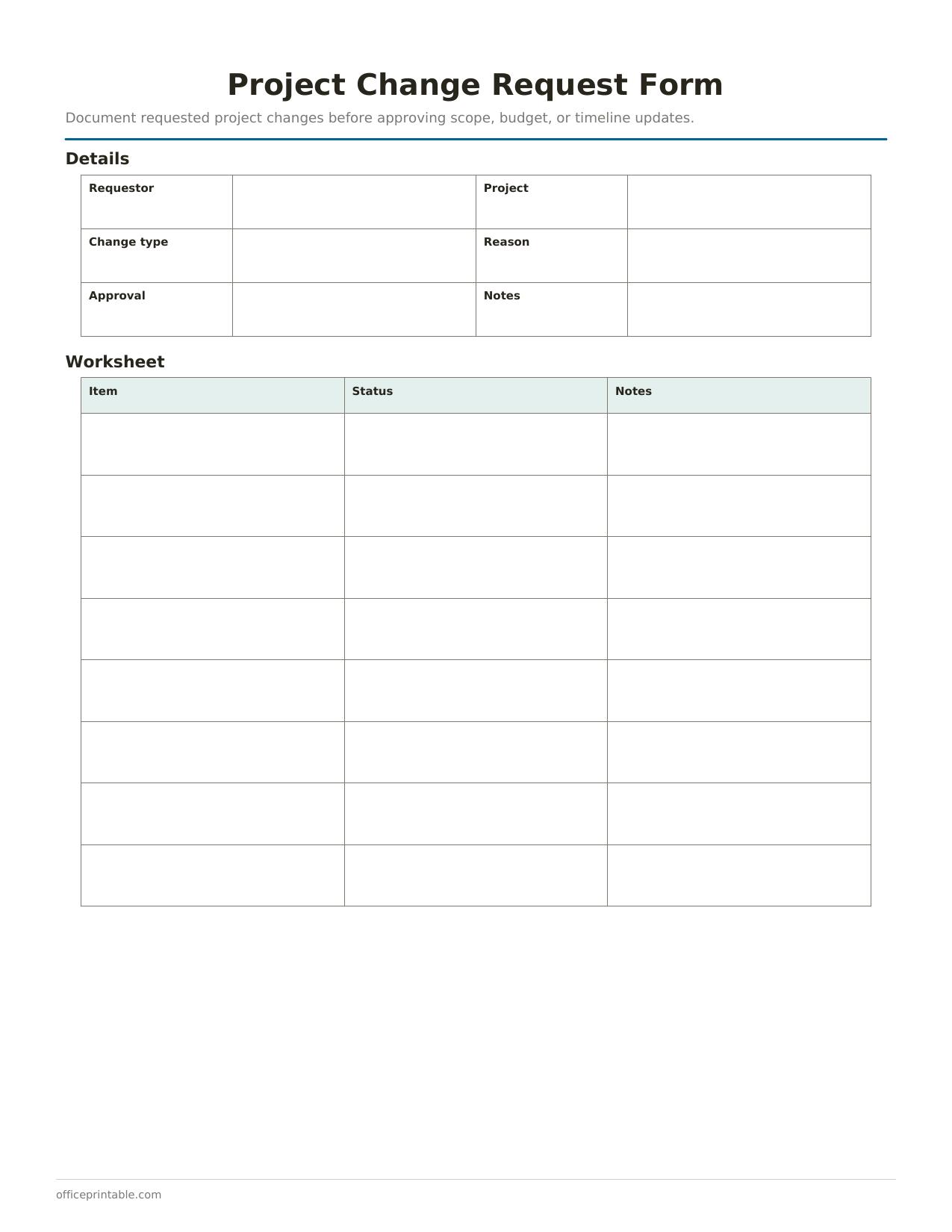 Preview of the Project Change Request Form printable PDF