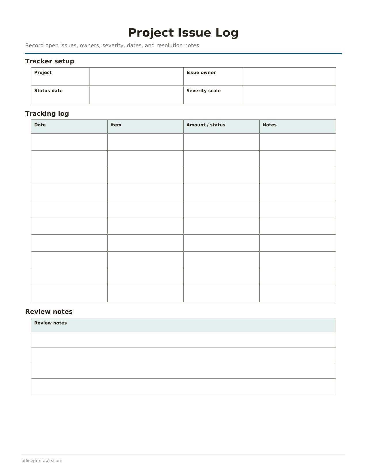 Preview of the Project Issue Log printable PDF