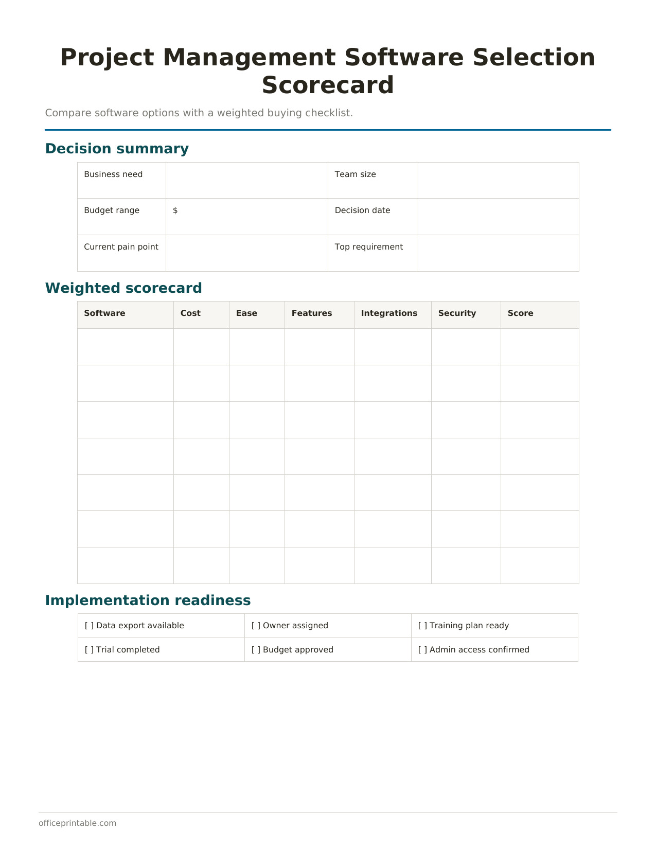 Preview of Project Management Software Selection Scorecard