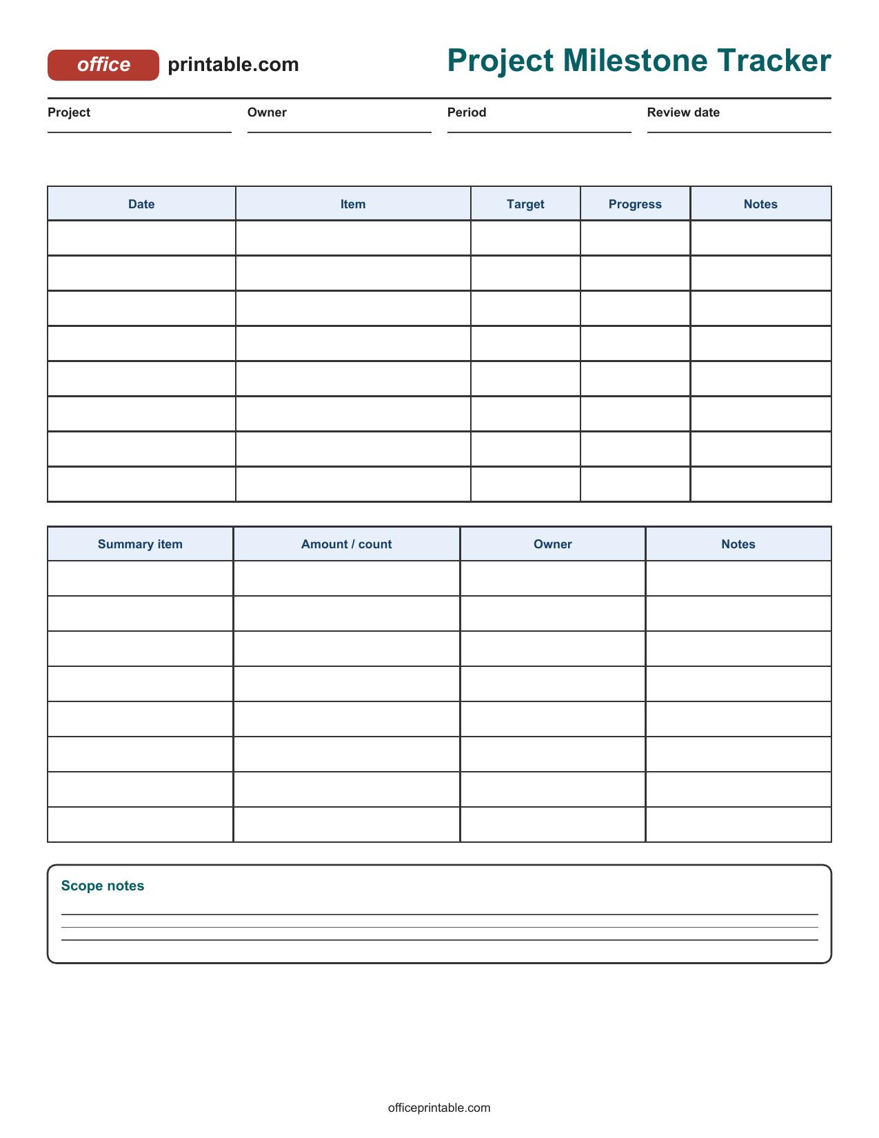 Preview of Project Milestone Tracker Printable