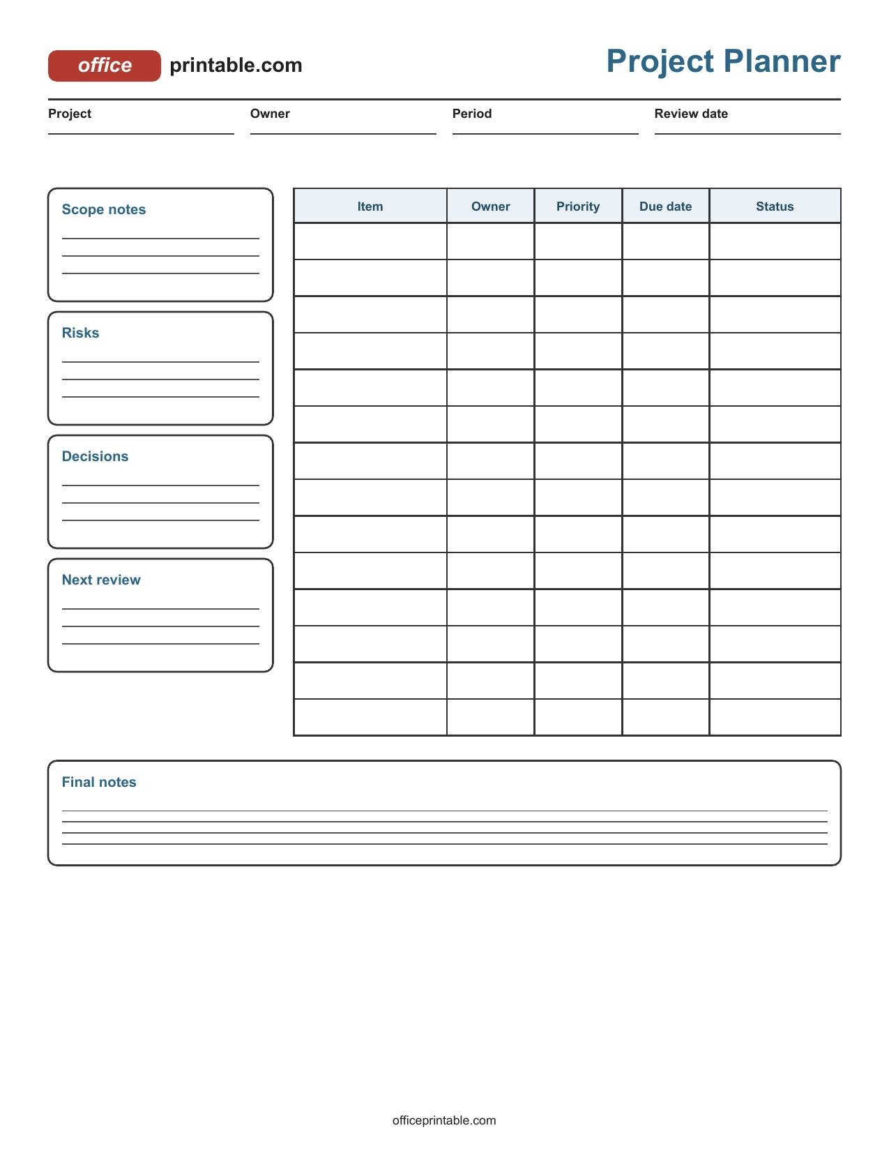 Preview of Project Planner Printable