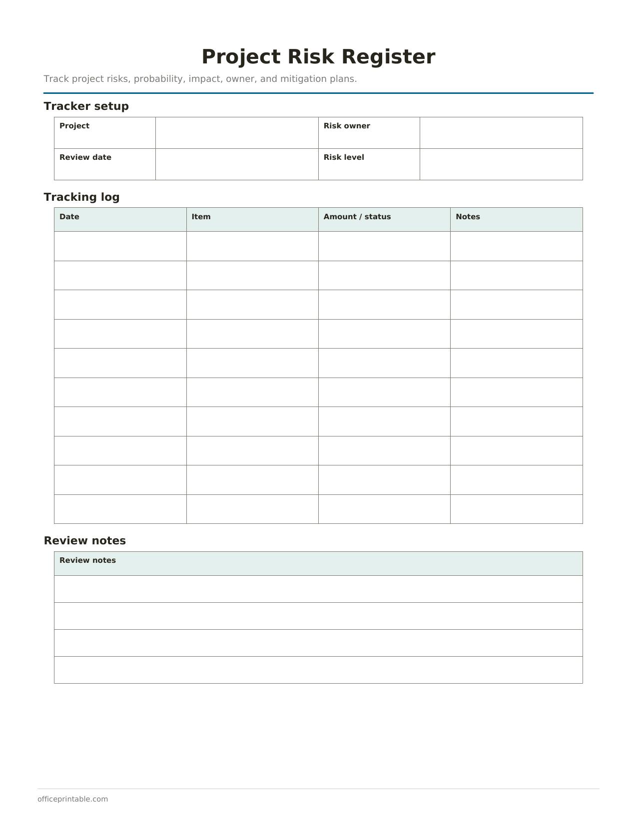 Preview of the Project Risk Register printable PDF