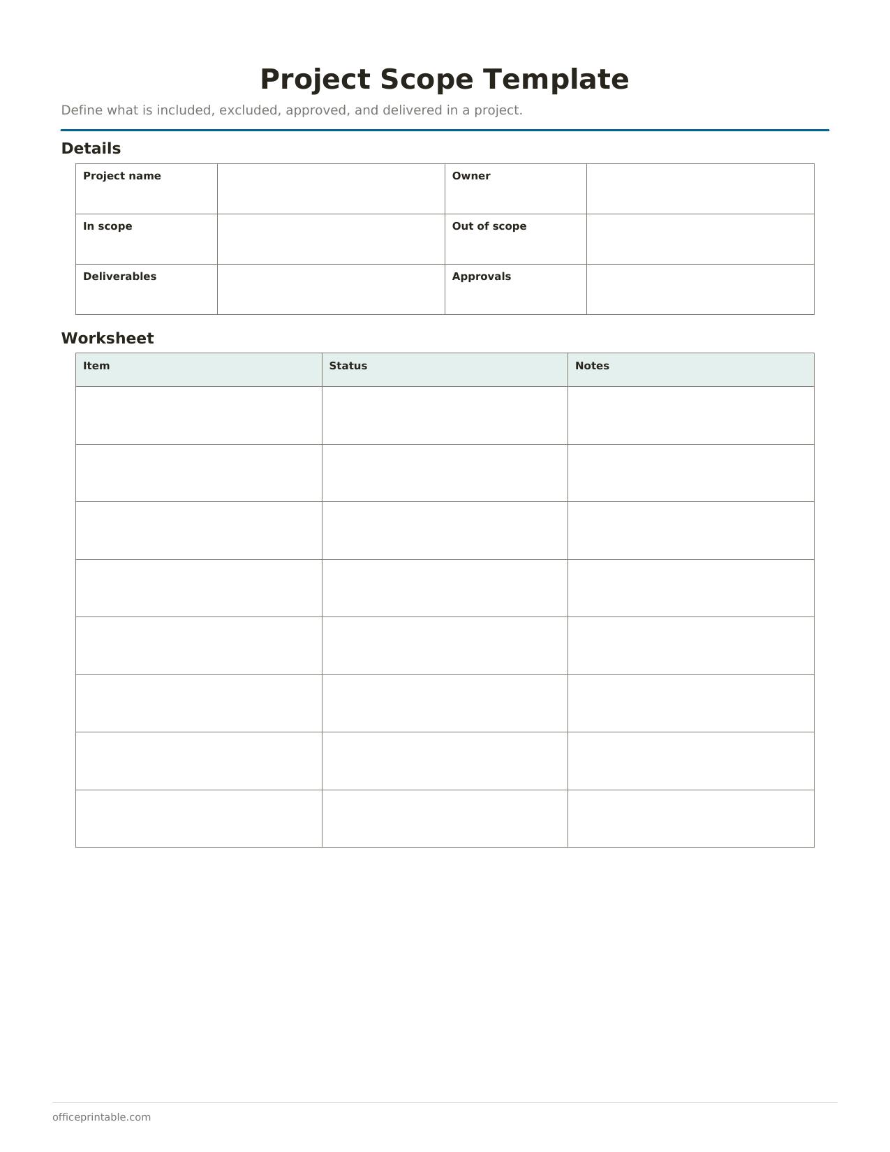 Preview of the Project Scope Template printable PDF