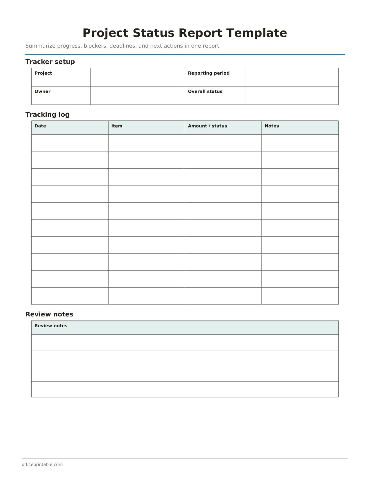 Preview of the Project Status Report Template printable PDF