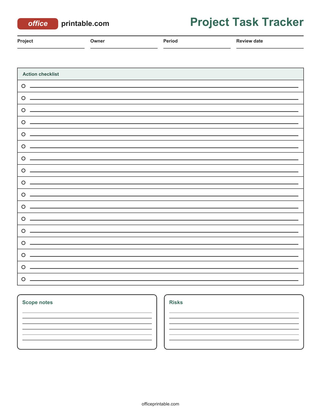 Preview of Project Task Tracker Printable