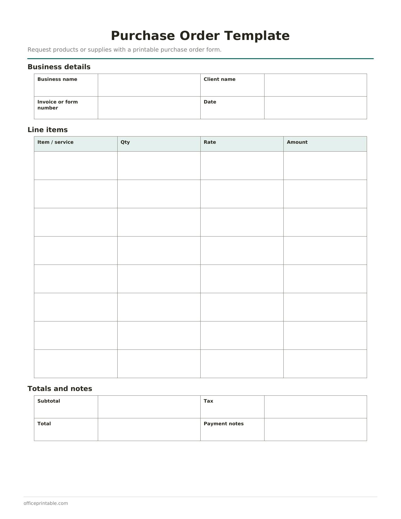 Preview of the Purchase Order Template printable PDF