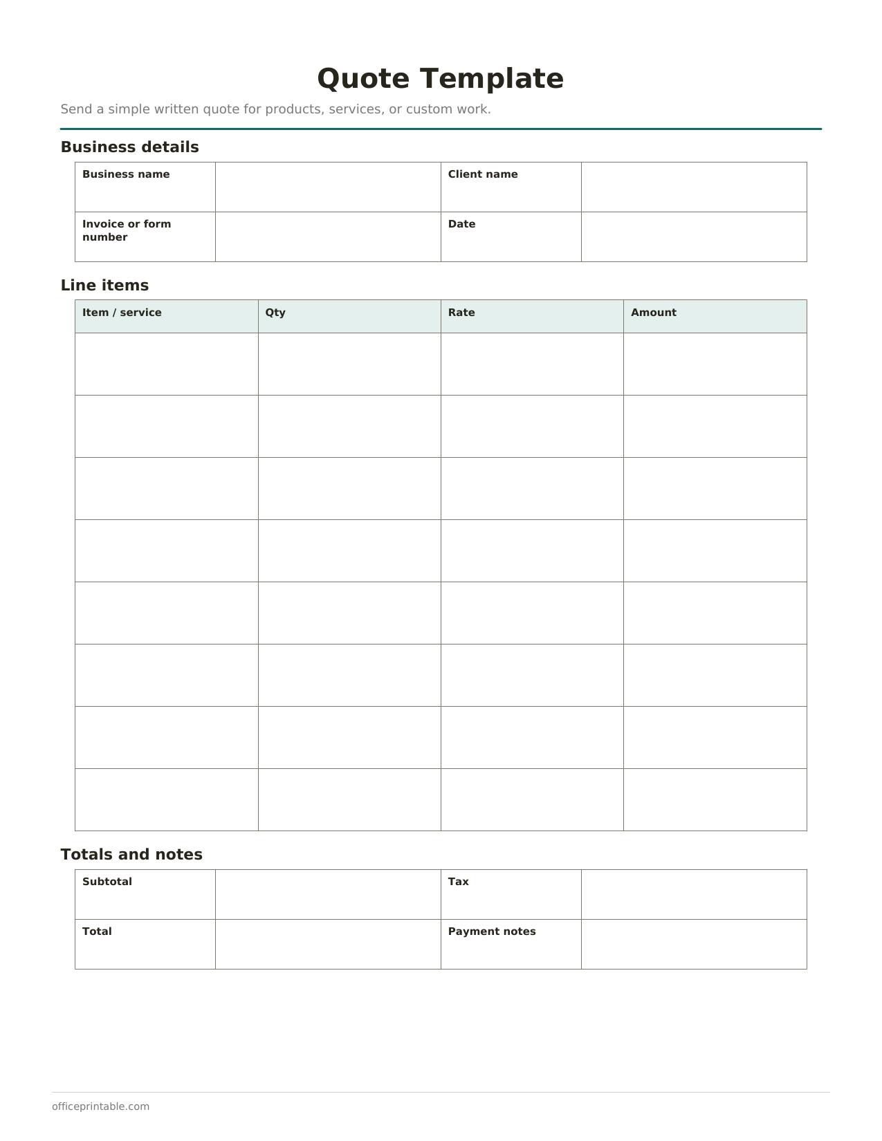 Preview of the Quote Template printable PDF