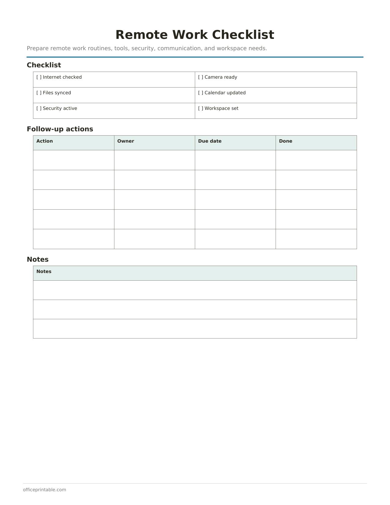 Preview of the Remote Work Checklist printable PDF