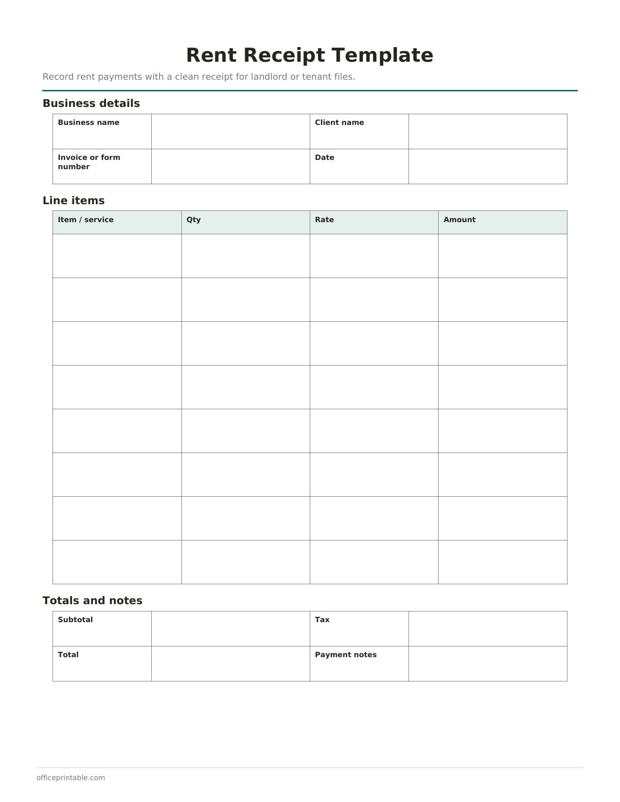 Preview of the Rent Receipt Template printable PDF