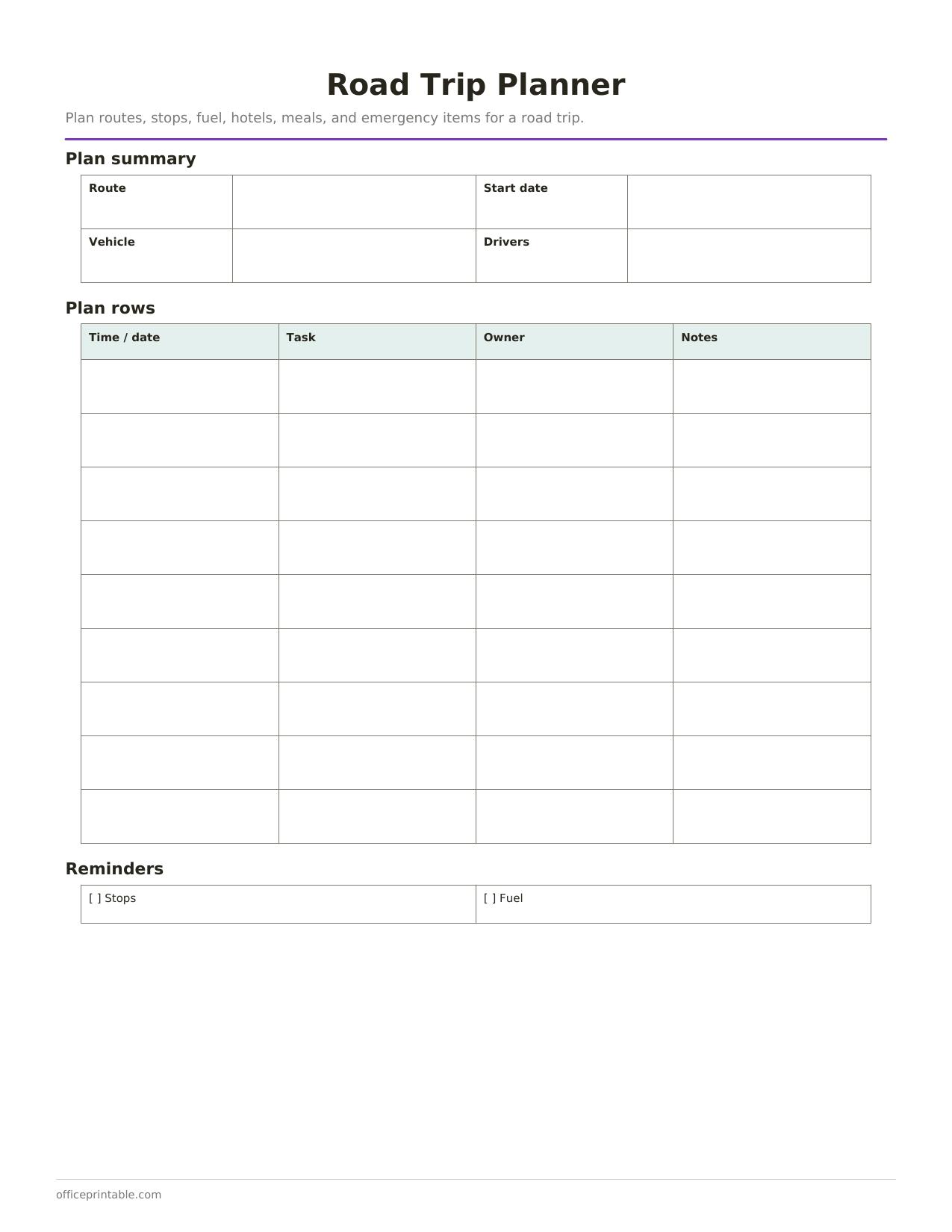 Preview of the Road Trip Planner printable PDF