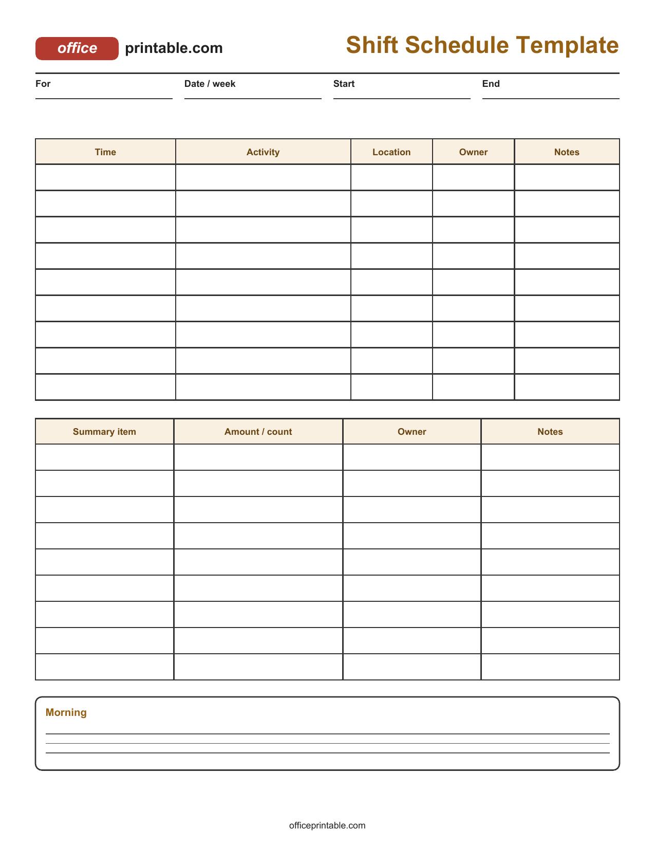 Preview of Shift Schedule Template Printable