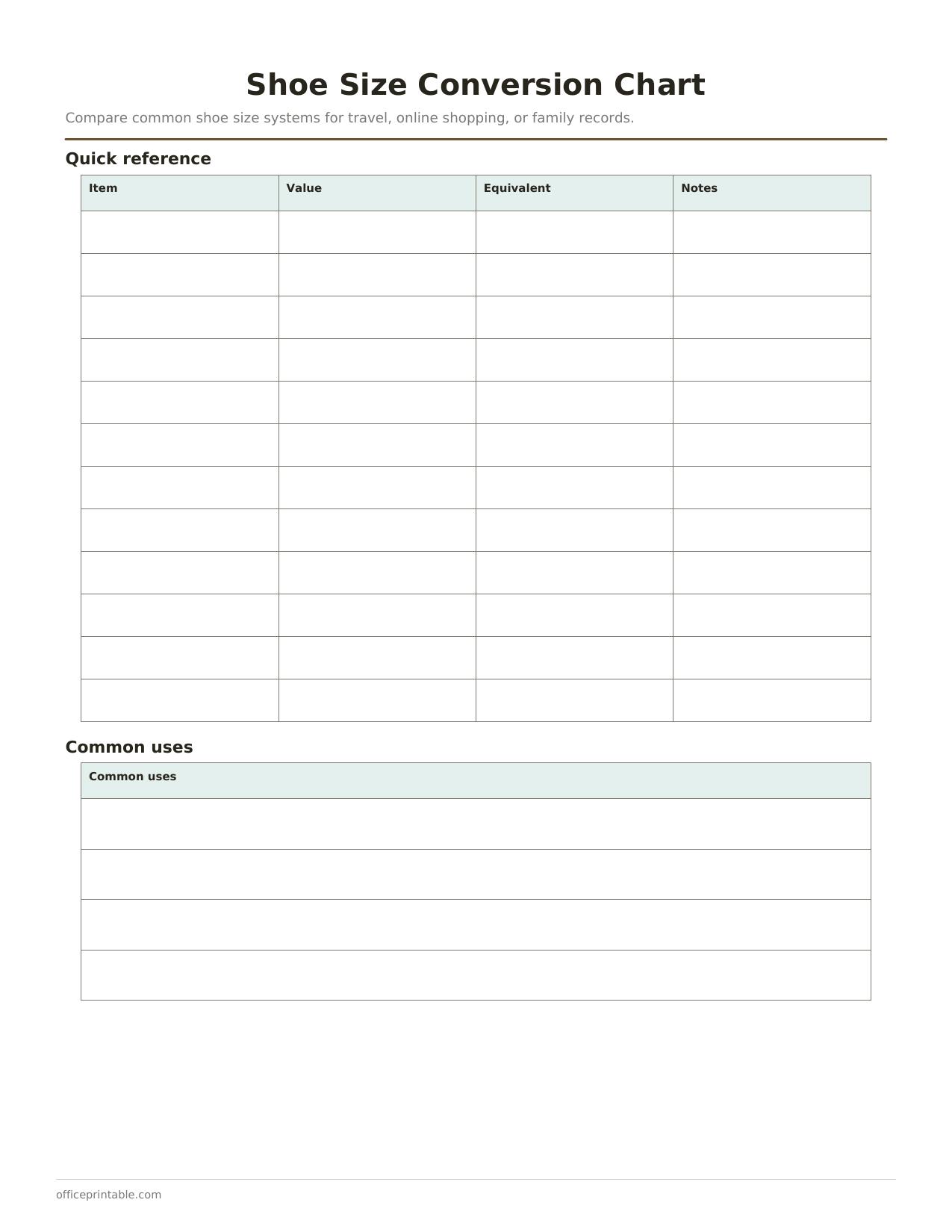 Preview of the Shoe Size Conversion Chart printable PDF