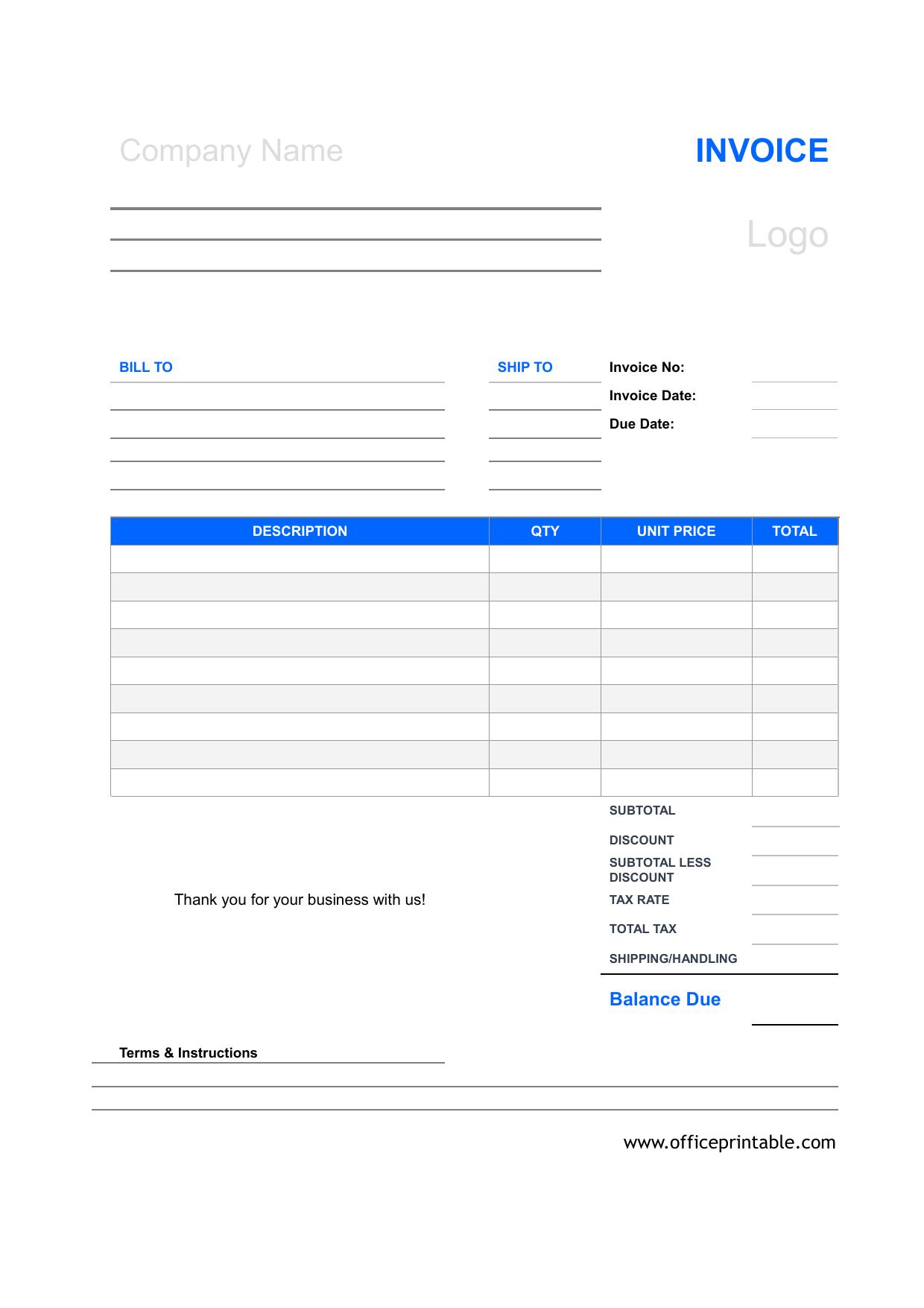Preview of the Simple Invoice Blue Template printable PDF