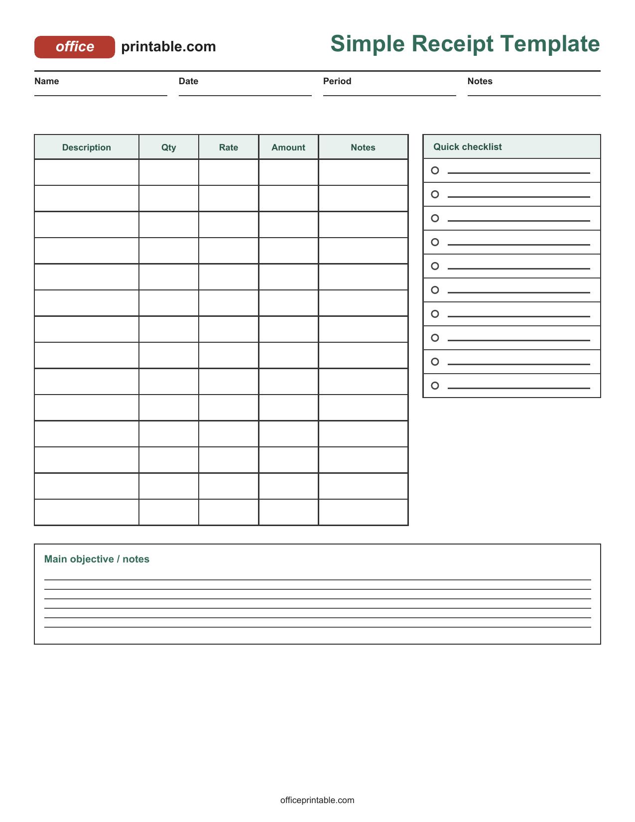 Preview of Simple Receipt Template Printable