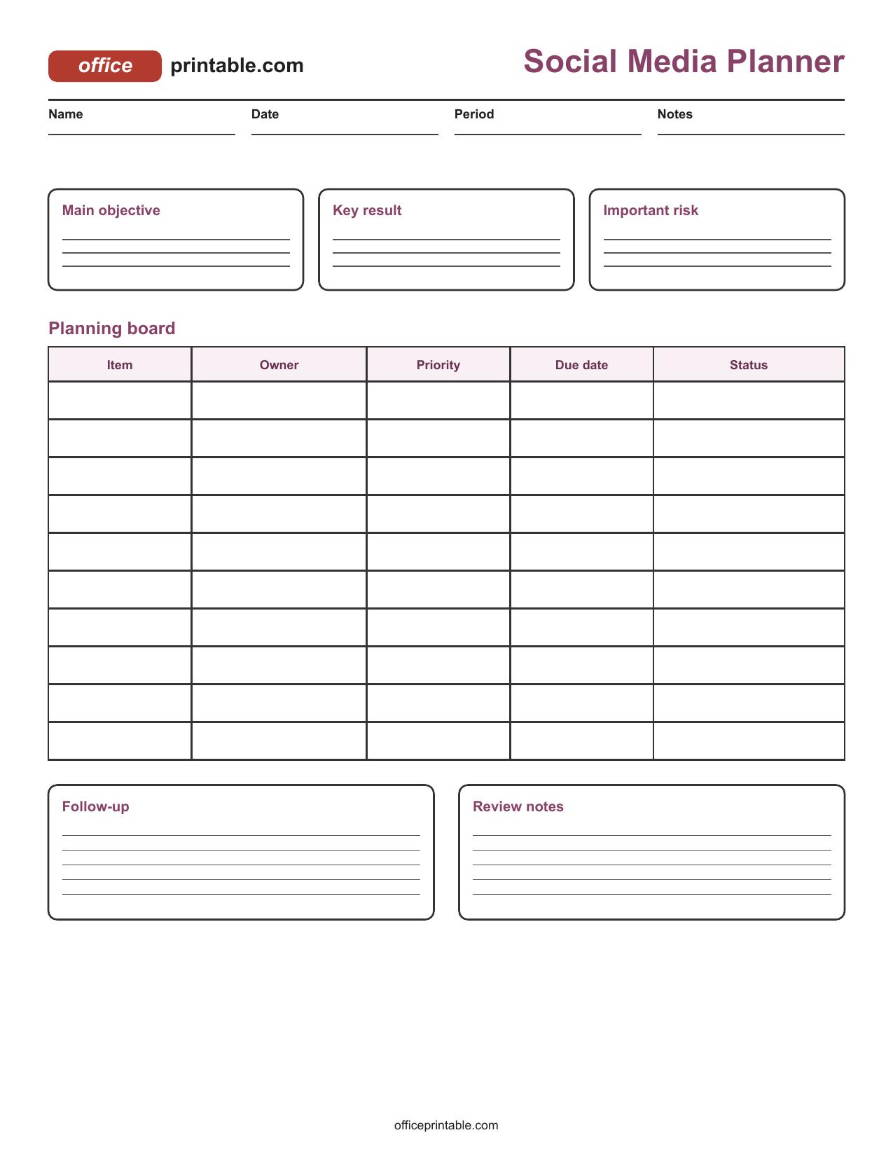 Preview thumbnail of Social Media Planner Printable