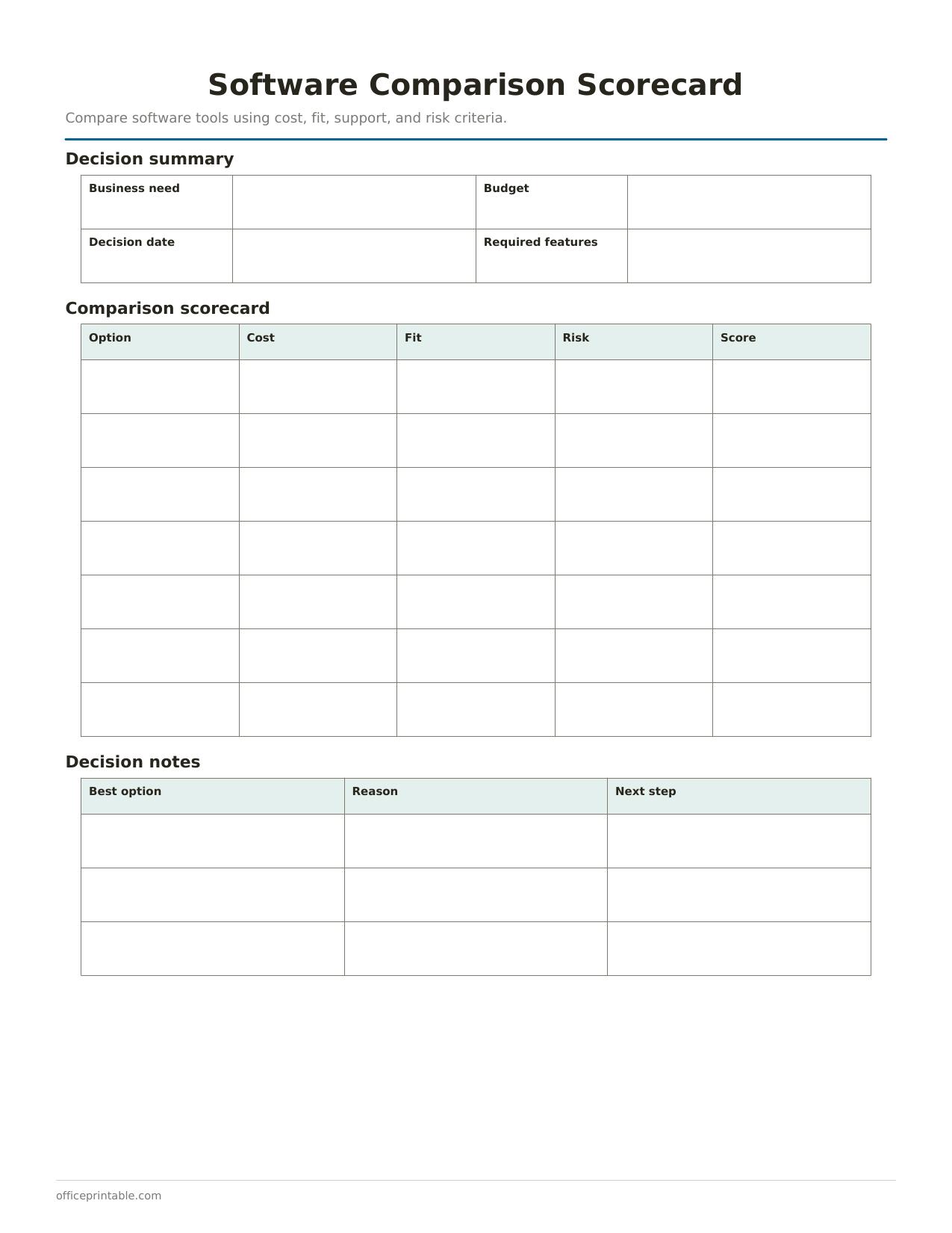 Preview of the Software Comparison Scorecard printable PDF