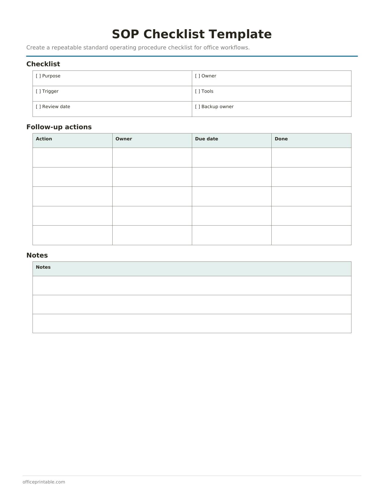 Preview of the SOP Checklist Template printable PDF