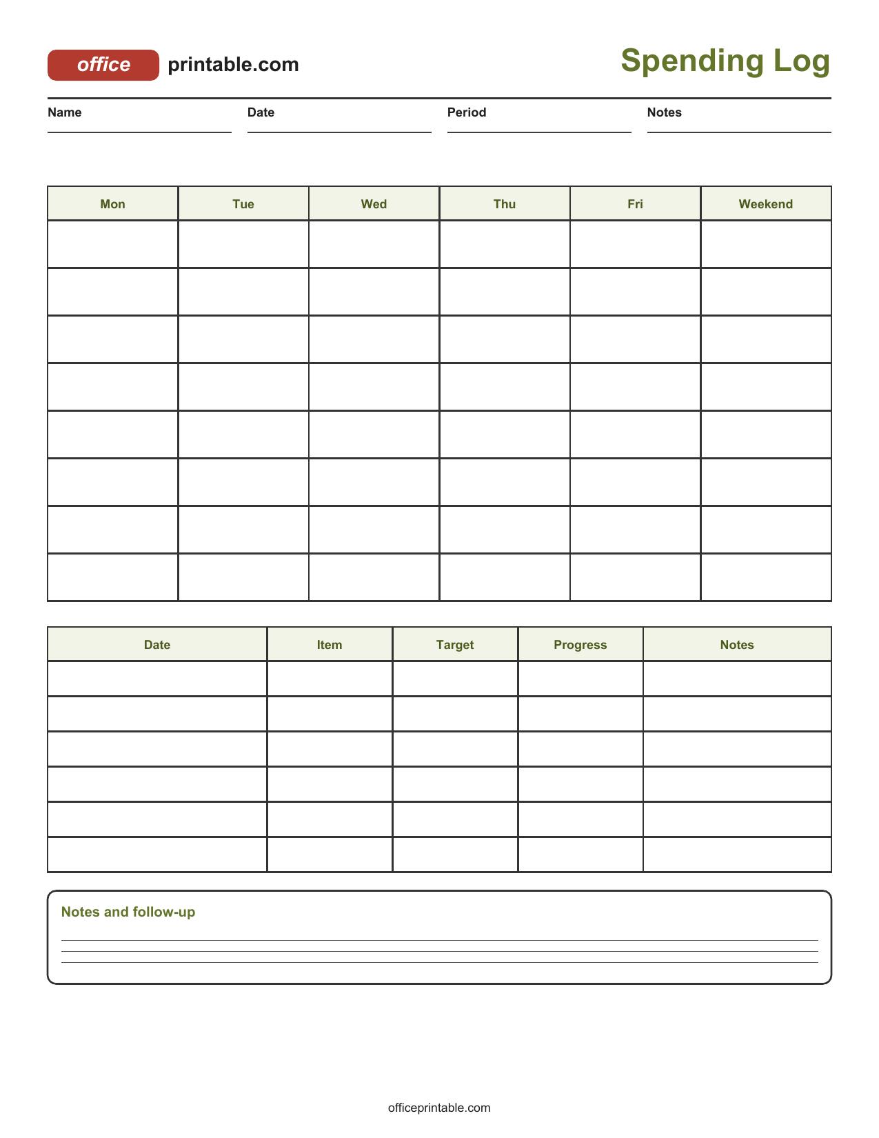 Preview of Spending Log Printable