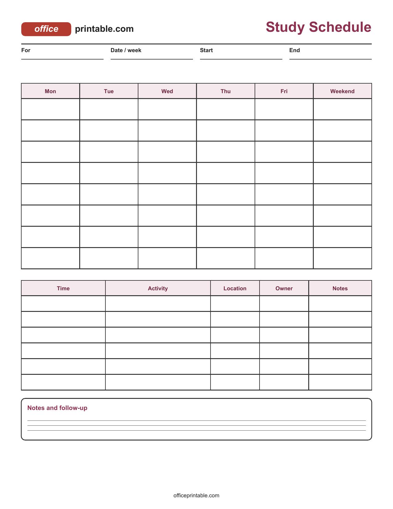 Preview of Study Schedule Printable